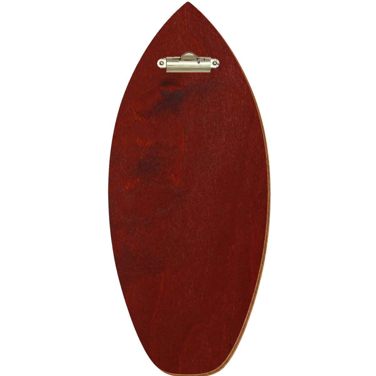 Holz Klemmbrett in Surfbrettform für Barformat 110 x 300 mm, Kirschbaum dunkel, Birkensperrholz, Zahnklemme gold