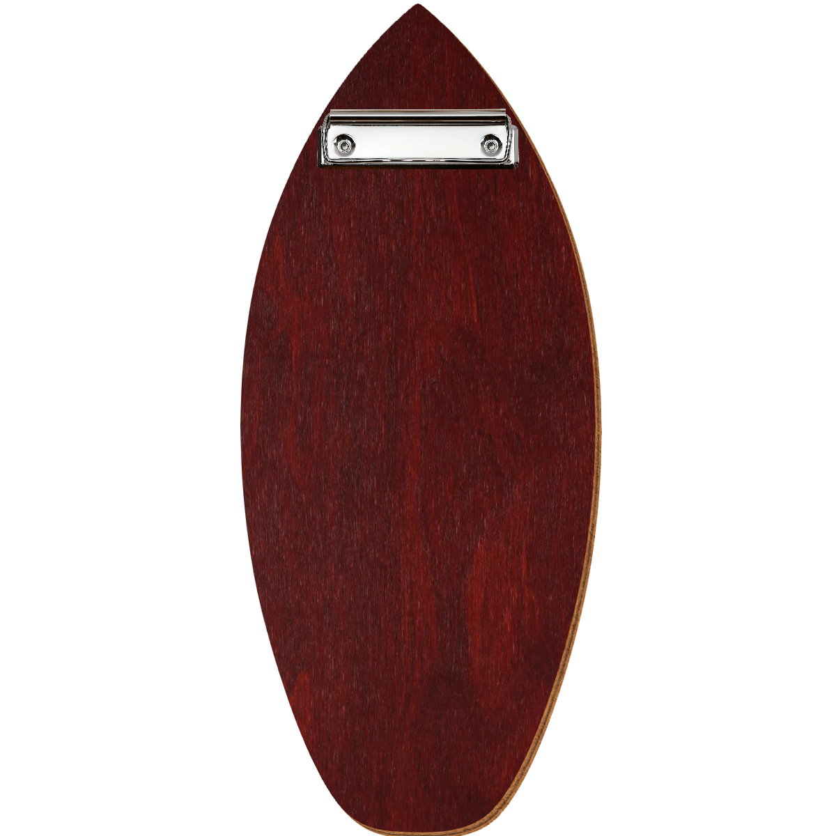 Holz Klemmbrett in Surfbrettform für Barformat 110 x 300 mm, Mahagoni, Birkensperrholz, Bügelklemme silber