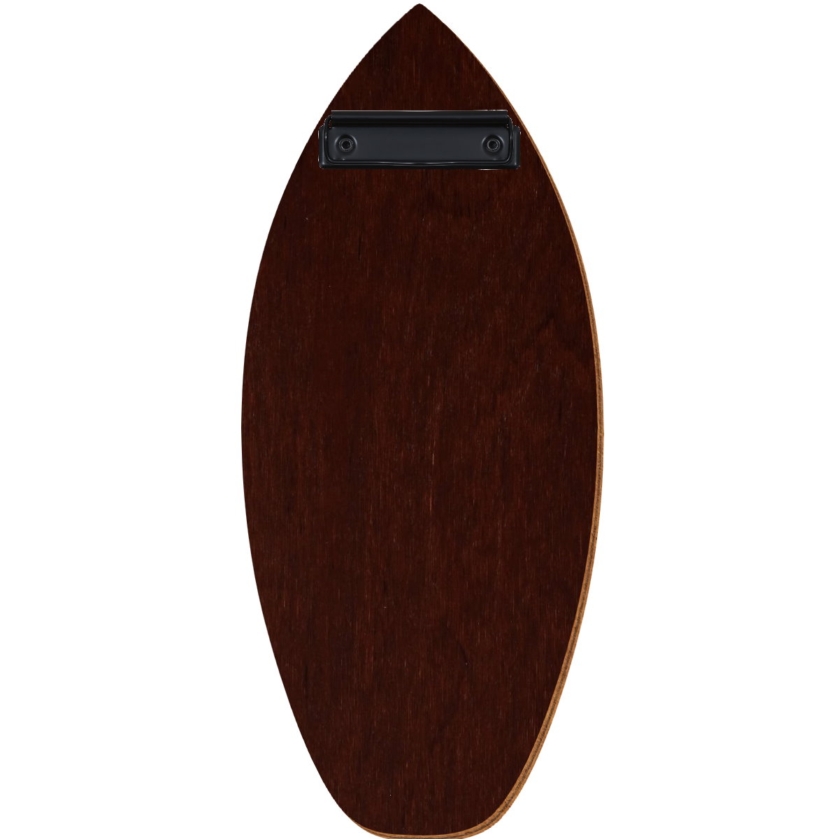 Holz Klemmbrett in Surfbrettform für Barformat 110 x 300 mm, Nussbaum dunkel, Birkensperrholz, Bügelklemme schwarz