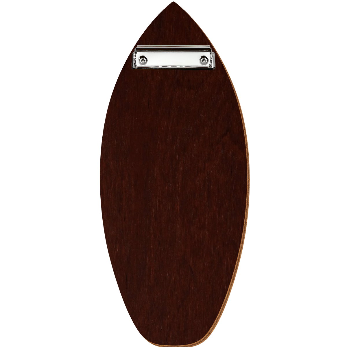 Holz Klemmbrett in Surfbrettform für Barformat 110 x 300 mm, Nussbaum dunkel, Birkensperrholz, Bügelklemme silber