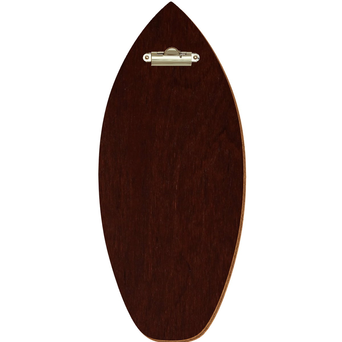 Holz Klemmbrett in Surfbrettform für Barformat 110 x 300 mm, Nussbaum dunkel, Birkensperrholz, Zahnklemme gold