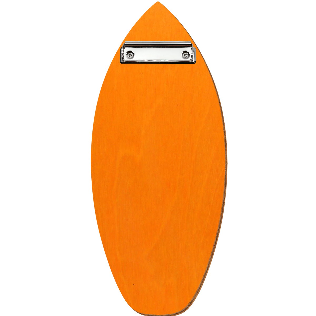 Holz Klemmbrett in Surfbrettform für Barformat 110 x 300 mm, Orange, Birkensperrholz, Bügelklemme silber