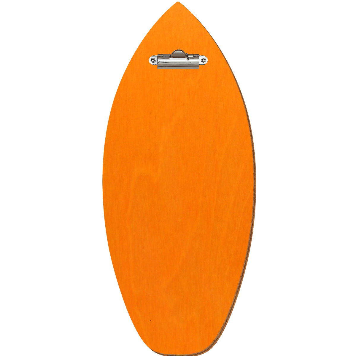 Holz Klemmbrett in Surfbrettform für Barformat 110 x 300 mm, Orange, Birkensperrholz, Zahnklemme silber