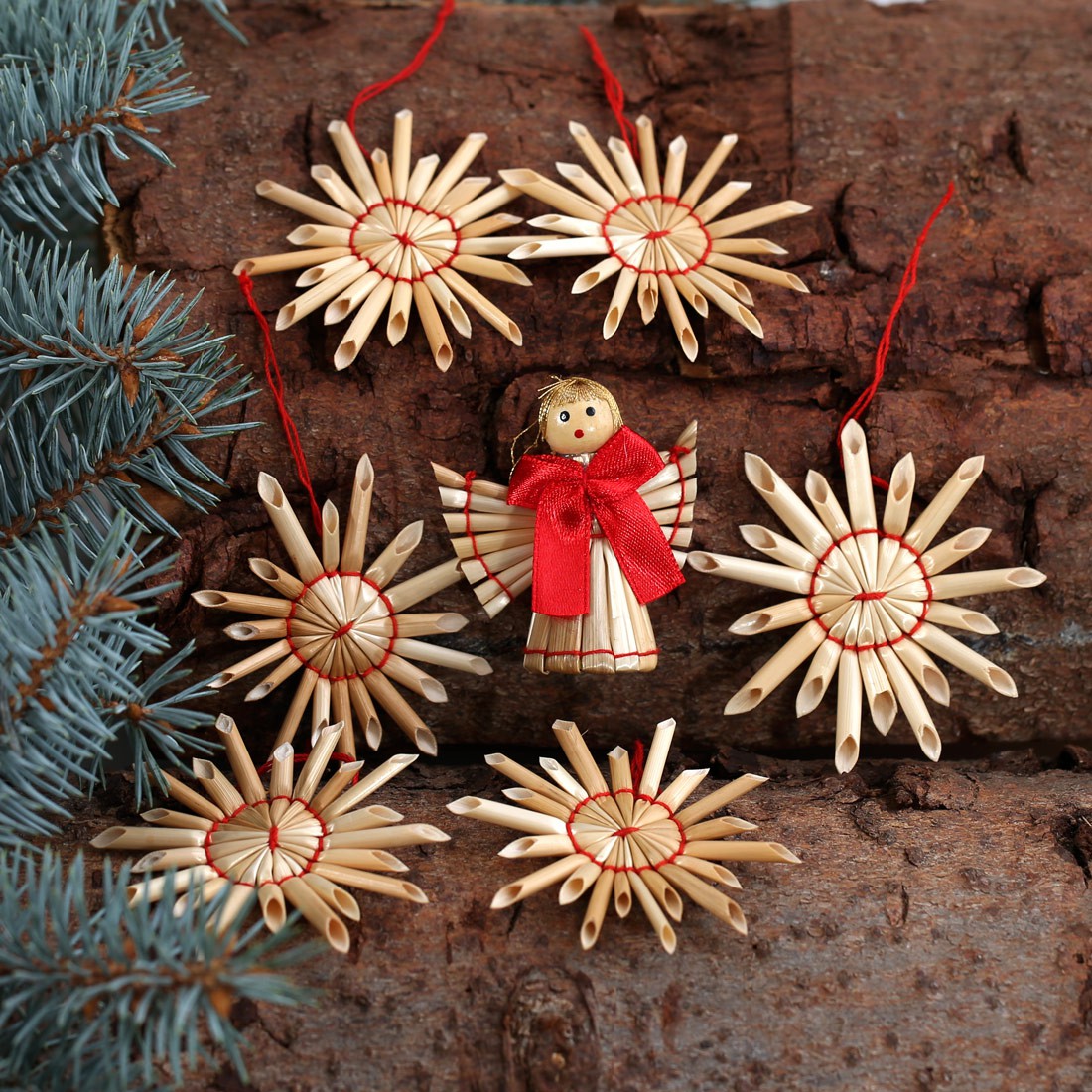 Baumschmuck Strohsterne + Engel