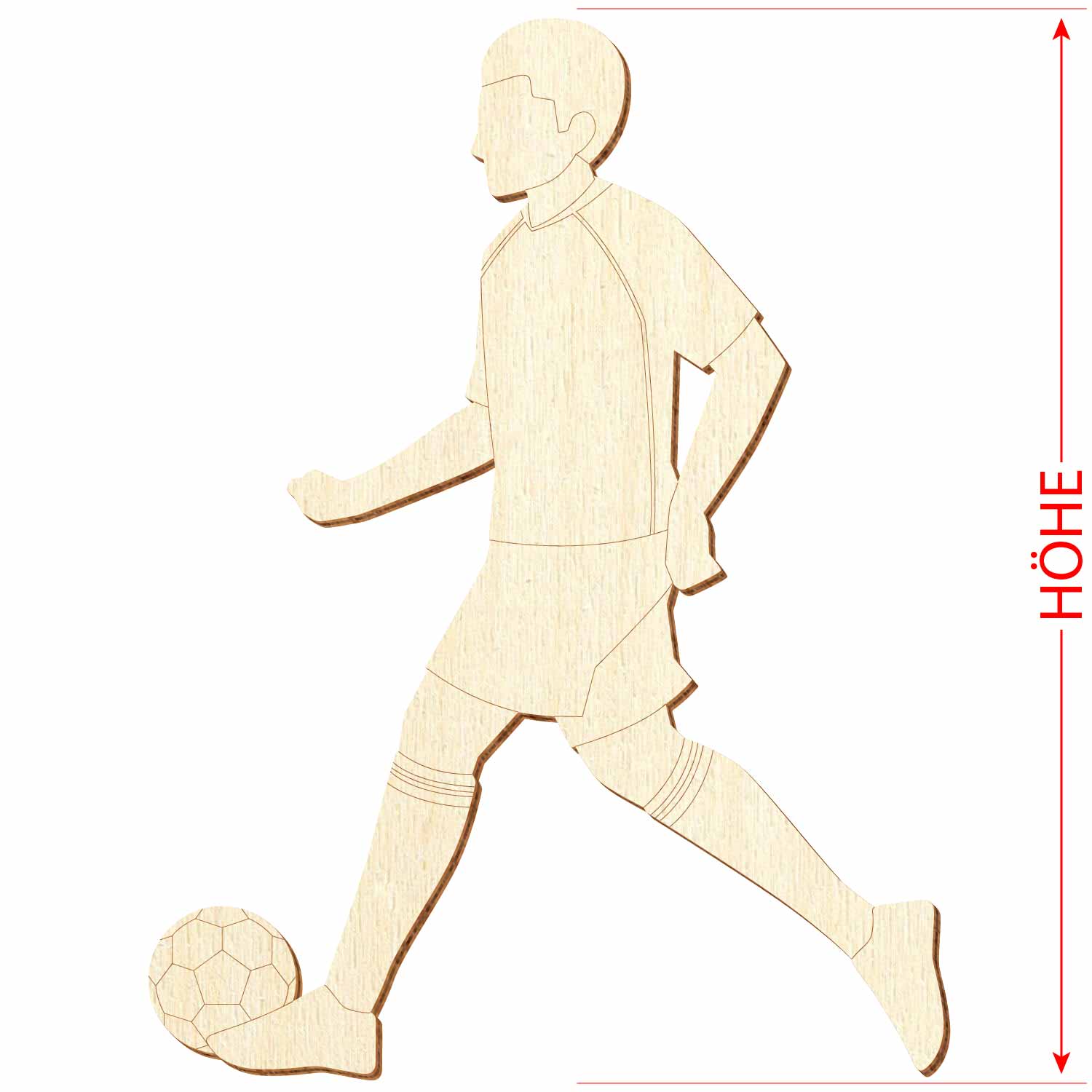 dribbelnder Fussballer aus Sperrholz mit Konturanschnitt mit Maßpfeilen für das Höhenmaß
