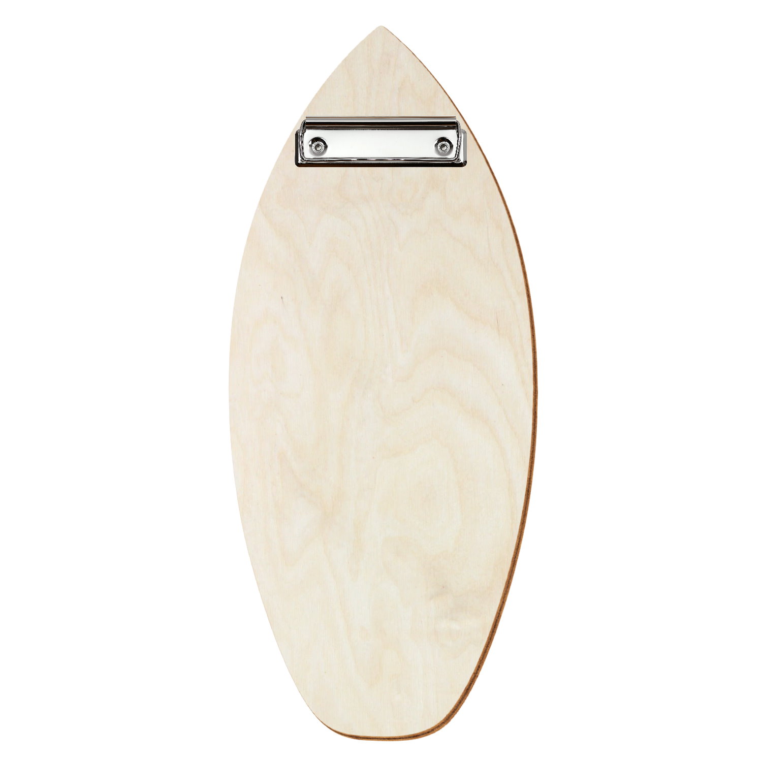 Holz Klemmbrett in Surfbrettform für Getränkekarte 110 x 300 mm, Birke natur, Birkensperrholz, Bügelklemme silber