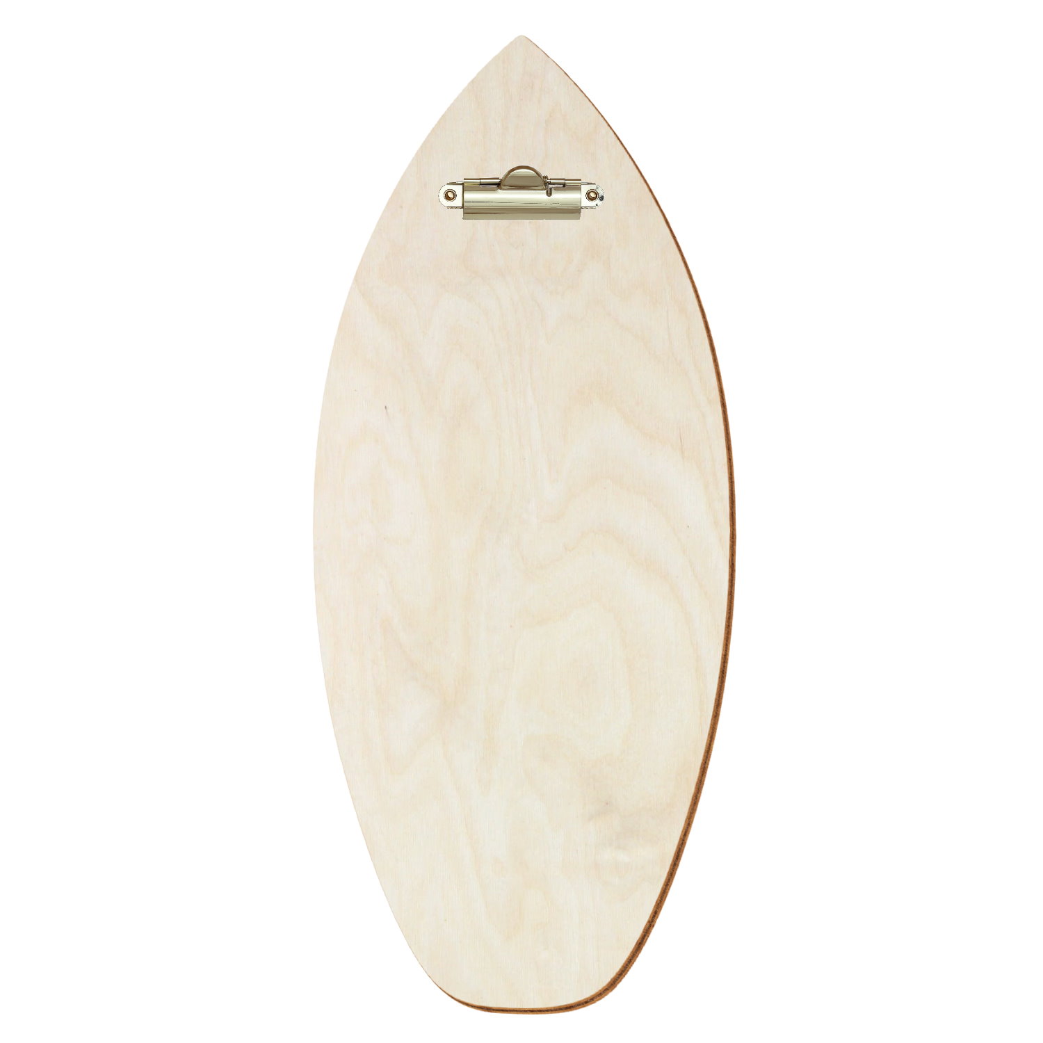 Holz Klemmbrett in Surfbrettform für Getränkekarte 110 x 300 mm, Birke natur, Birkensperrholz, Zahnklemme gold