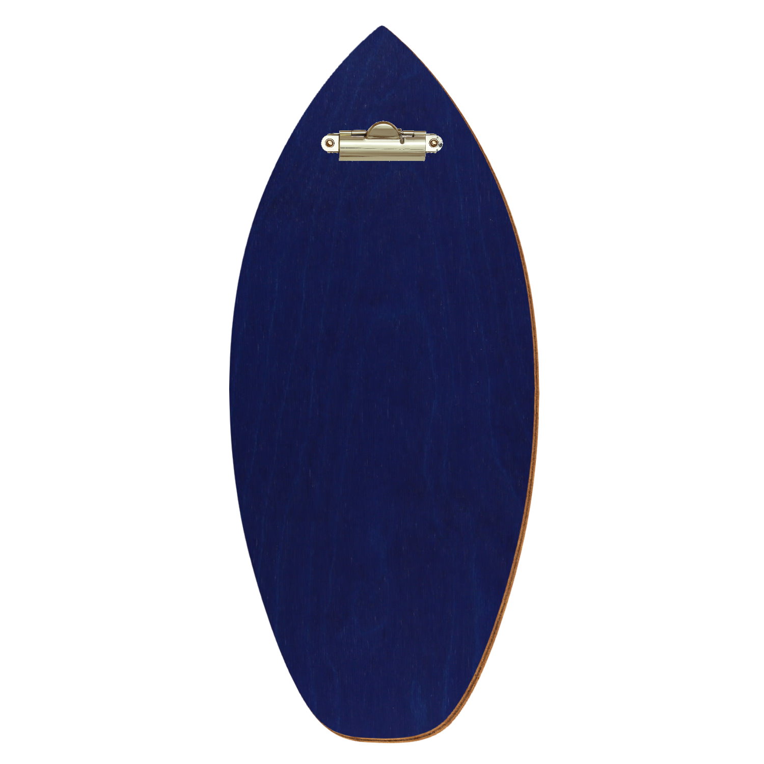 Holz Klemmbrett in Surfbrettform für Getränkekarte 110 x 300 mm, Blau, Birkensperrholz, Zahnklemme gold