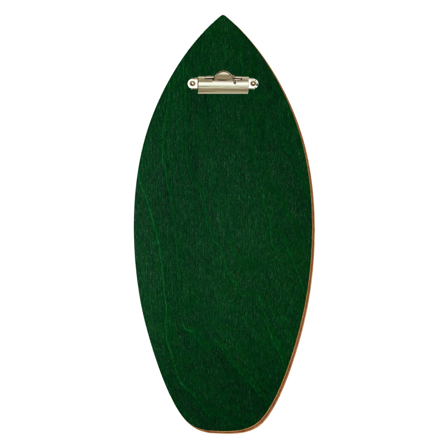 Holz Klemmbrett in Surfbrettform für Getränkekarte 110 x 300 mm, Dunkelgrün, Birkensperrholz, Zahnklemme gold