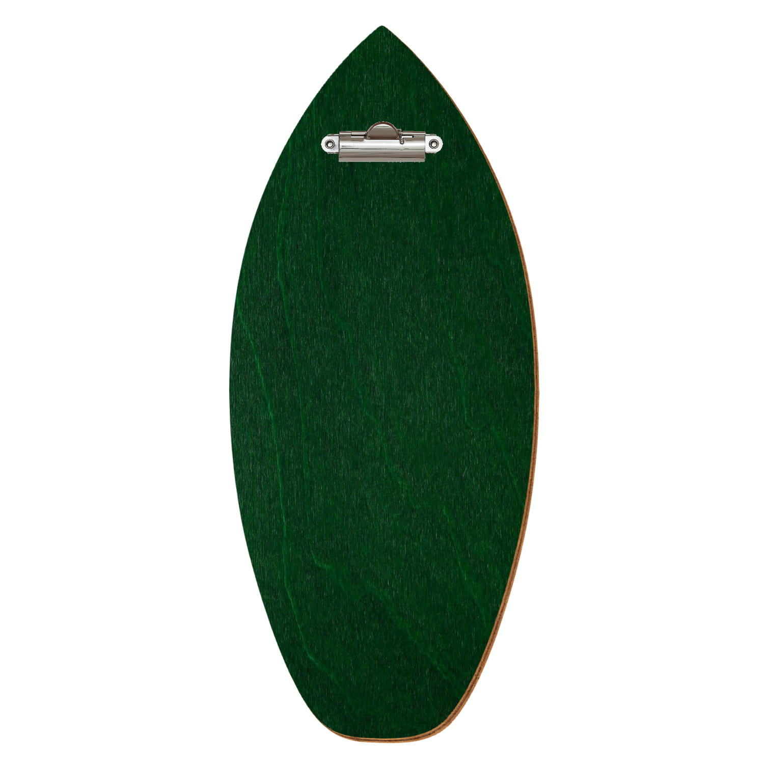 Holz Klemmbrett in Surfbrettform für Getränkekarte 110 x 300 mm, Dunkelgrün, Birkensperrholz, Zahnklemme silber