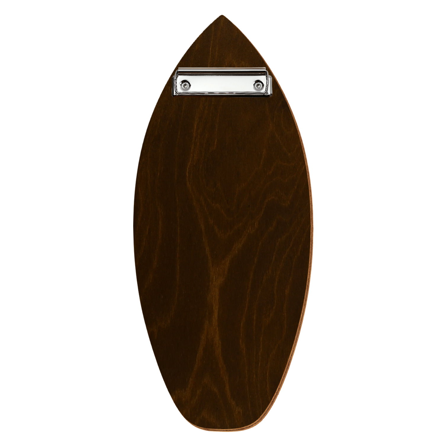 Holz Klemmbrett in Surfbrettform für Getränkekarte 110 x 300 mm, Eiche dunkel, Birkensperrholz, Bügelklemme silber