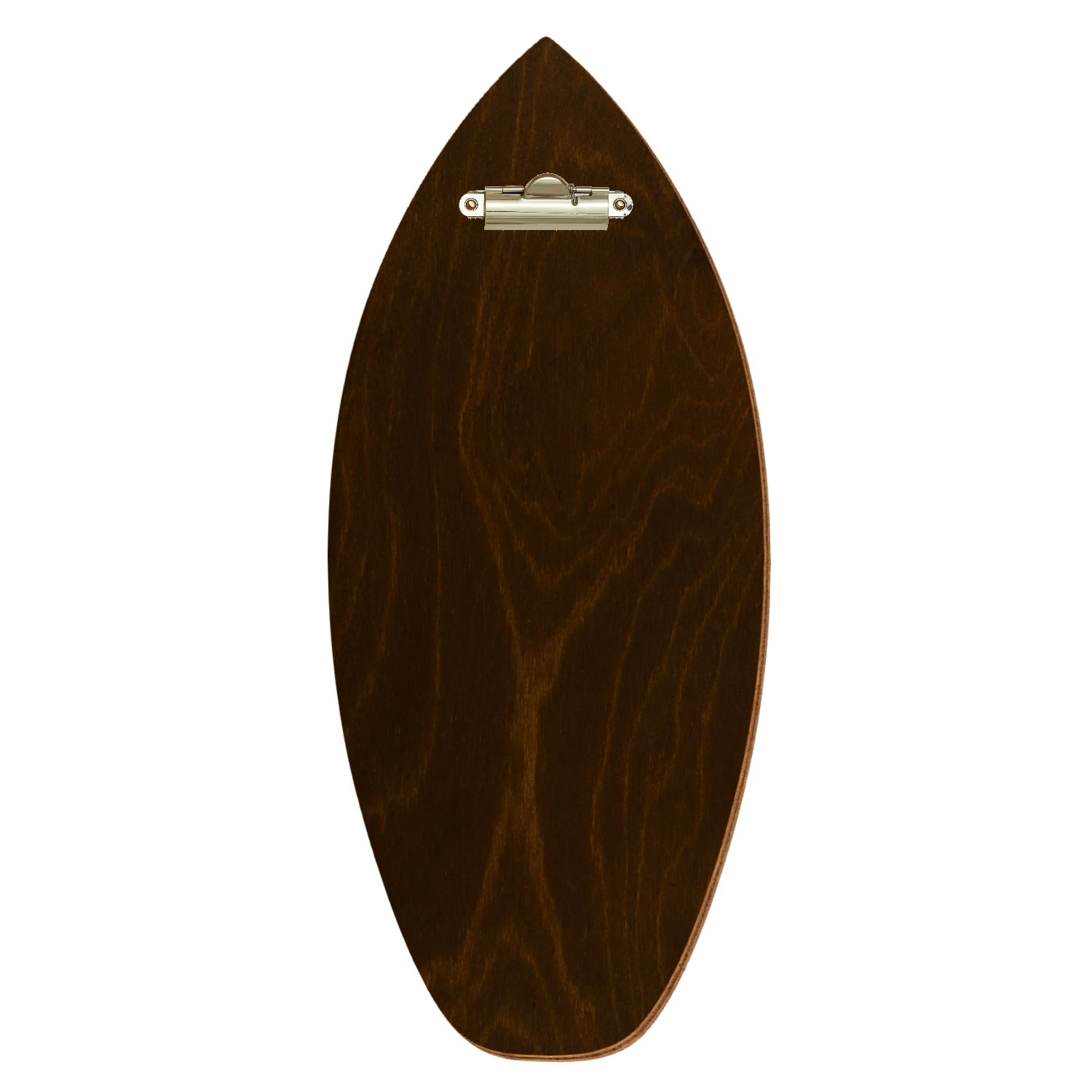 Holz Klemmbrett in Surfbrettform für Getränkekarte 110 x 300 mm, Eiche dunkel, Birkensperrholz, Zahnklemme gold