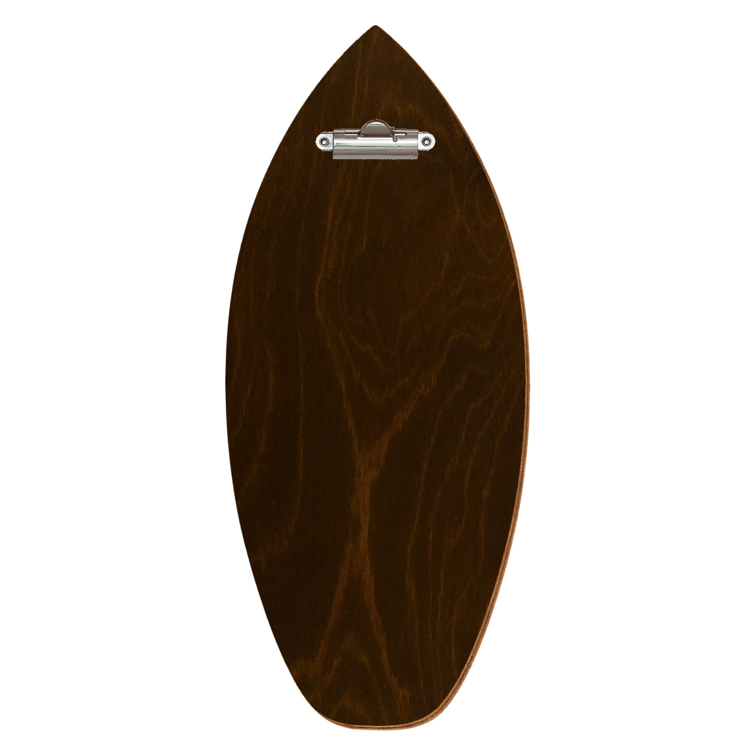 Holz Klemmbrett in Surfbrettform für Getränkekarte 110 x 300 mm, Eiche dunkel, Birkensperrholz, Zahnklemme silber