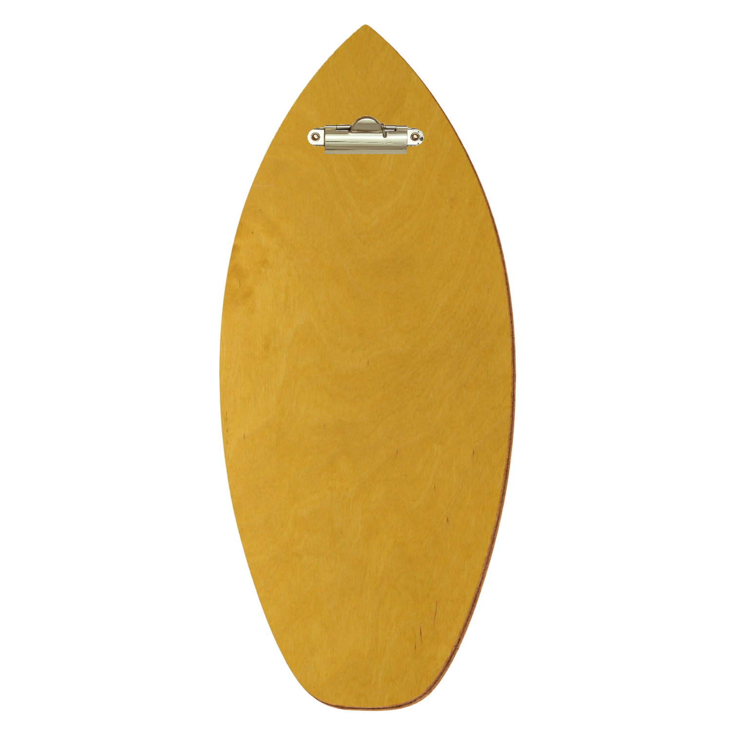 Holz Klemmbrett in Surfbrettform für Getränkekarte 110 x 300 mm, Eiche hell, Birkensperrholz, Zahnklemme gold