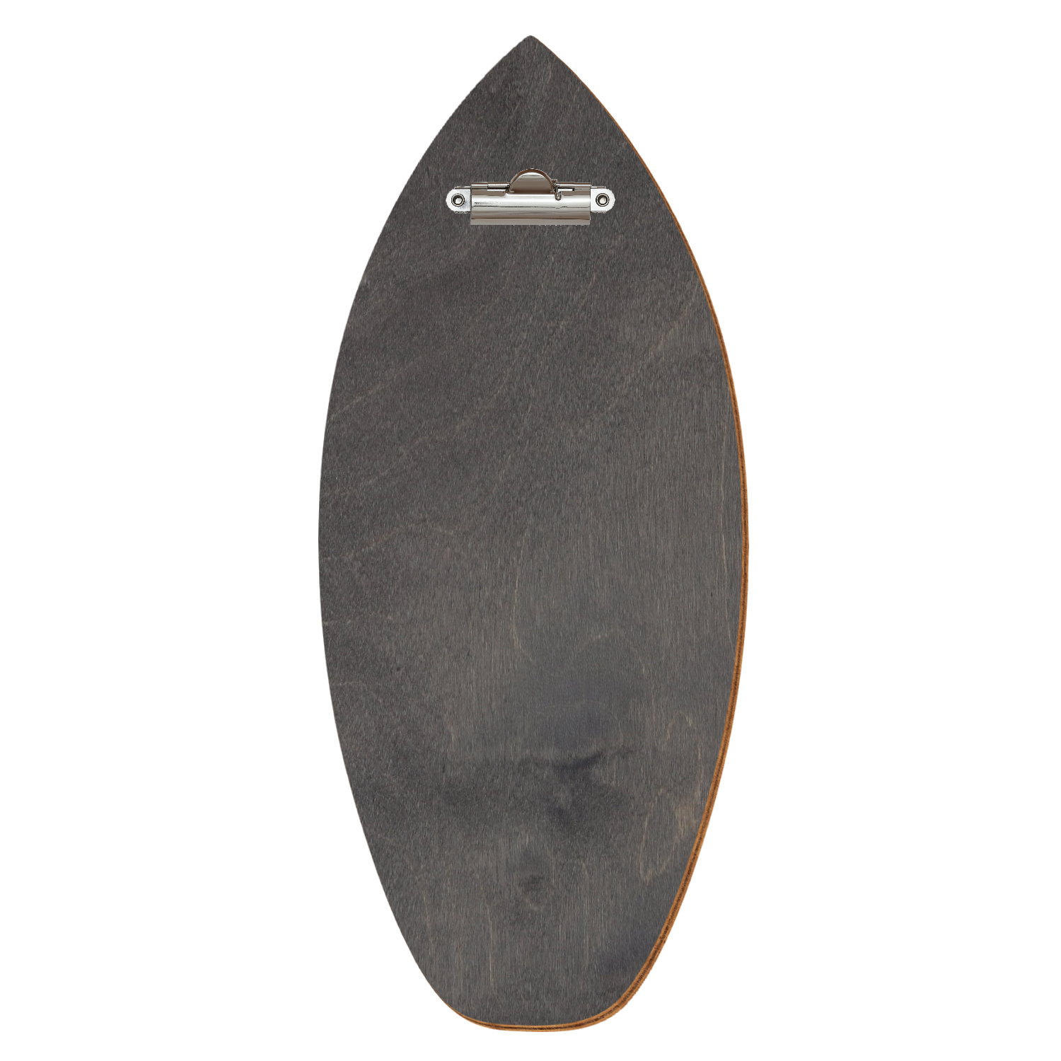 Holz Klemmbrett in Surfbrettform für Getränkekarte 110 x 300 mm, Grau, Birkensperrholz, Zahnklemme silber