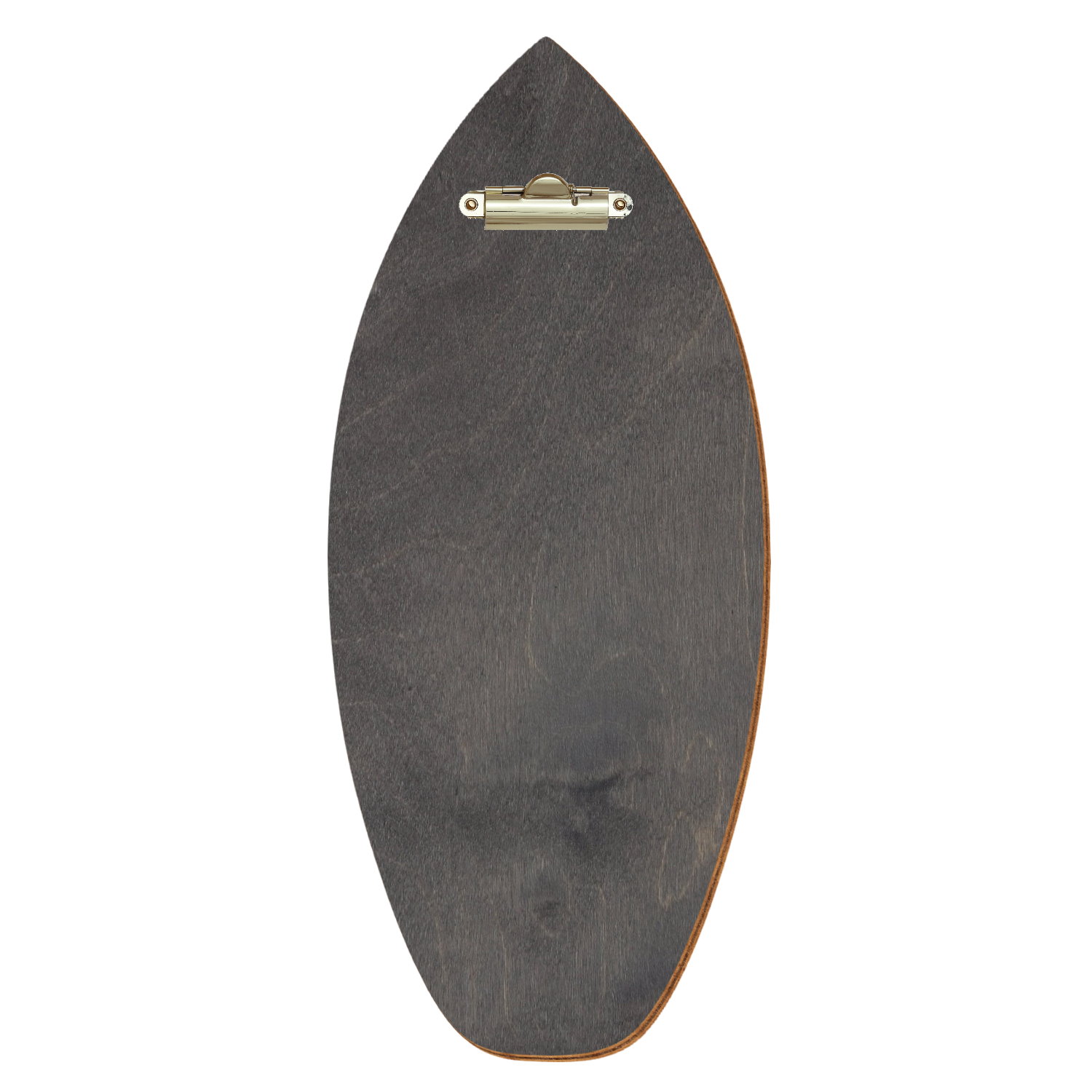 Holz Klemmbrett in Surfbrettform für Getränkekarte 110 x 300 mm, Grau, Birkensperrholz, Zahnklemme gold