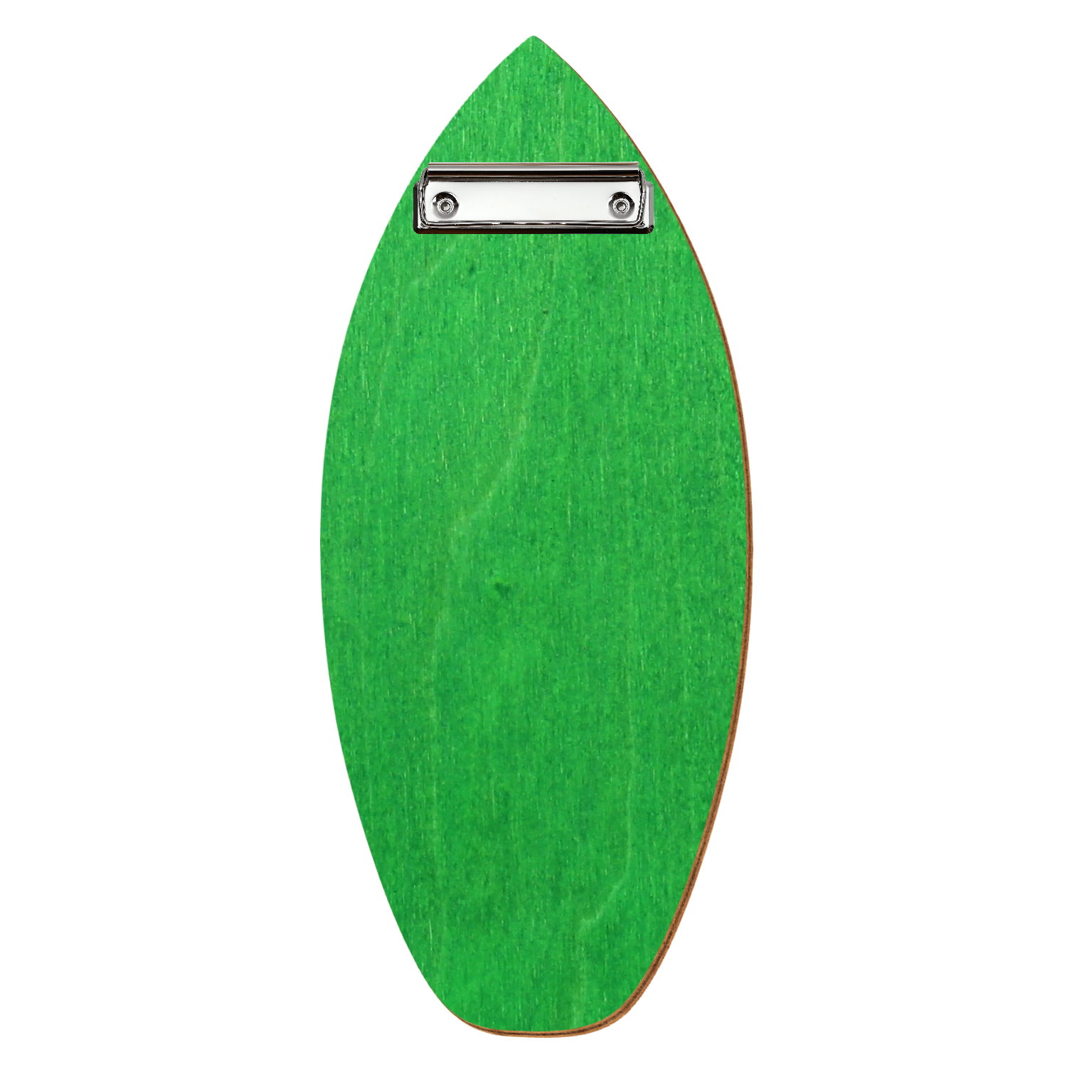 Holz Klemmbrett in Surfbrettform für Getränkekarte 110 x 300 mm, Hellgrün, Birkensperrholz, Bügelklemme silber