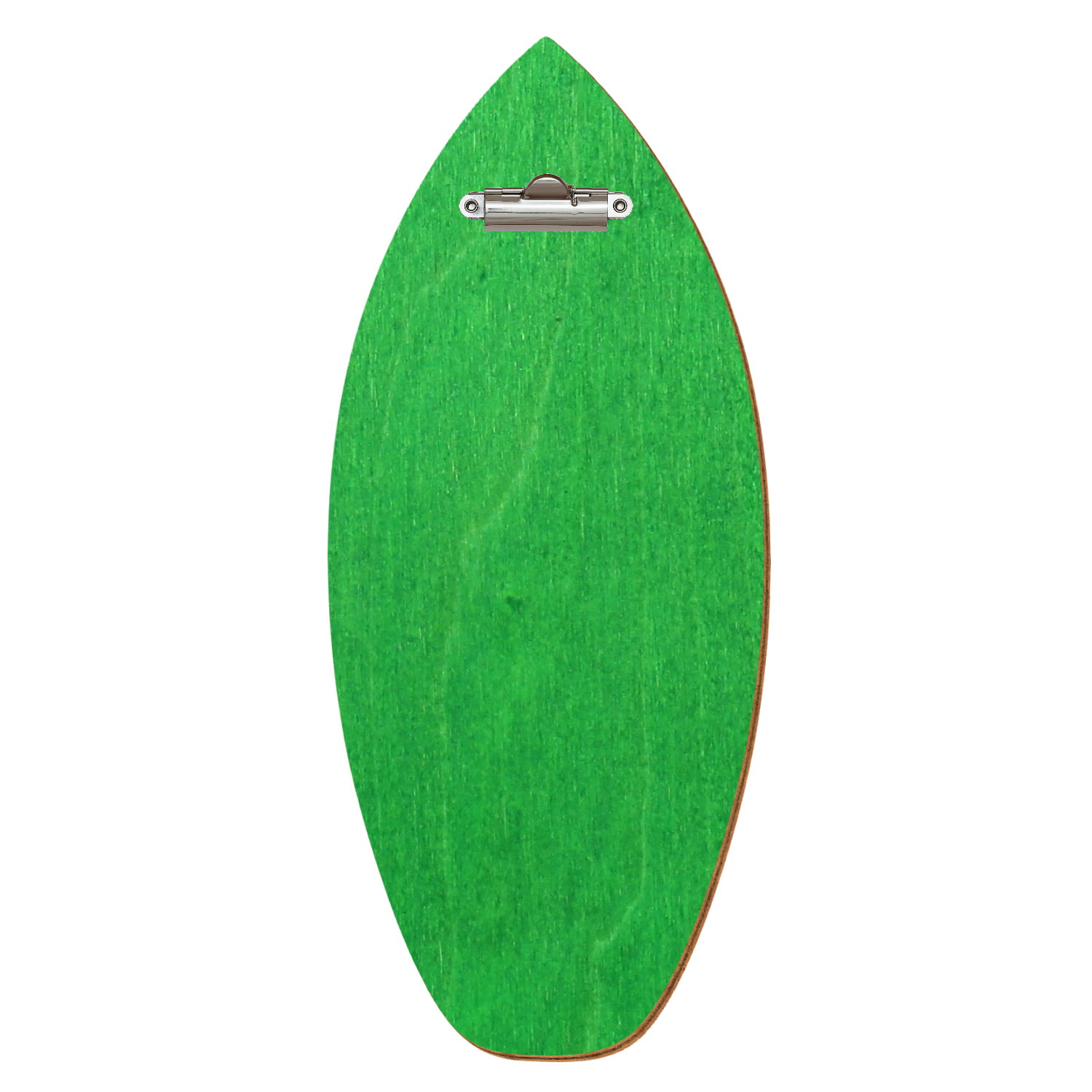 Holz Klemmbrett in Surfbrettform für Getränkekarte 110 x 300 mm, Hellgrün, Birkensperrholz, Zahnklemme silber