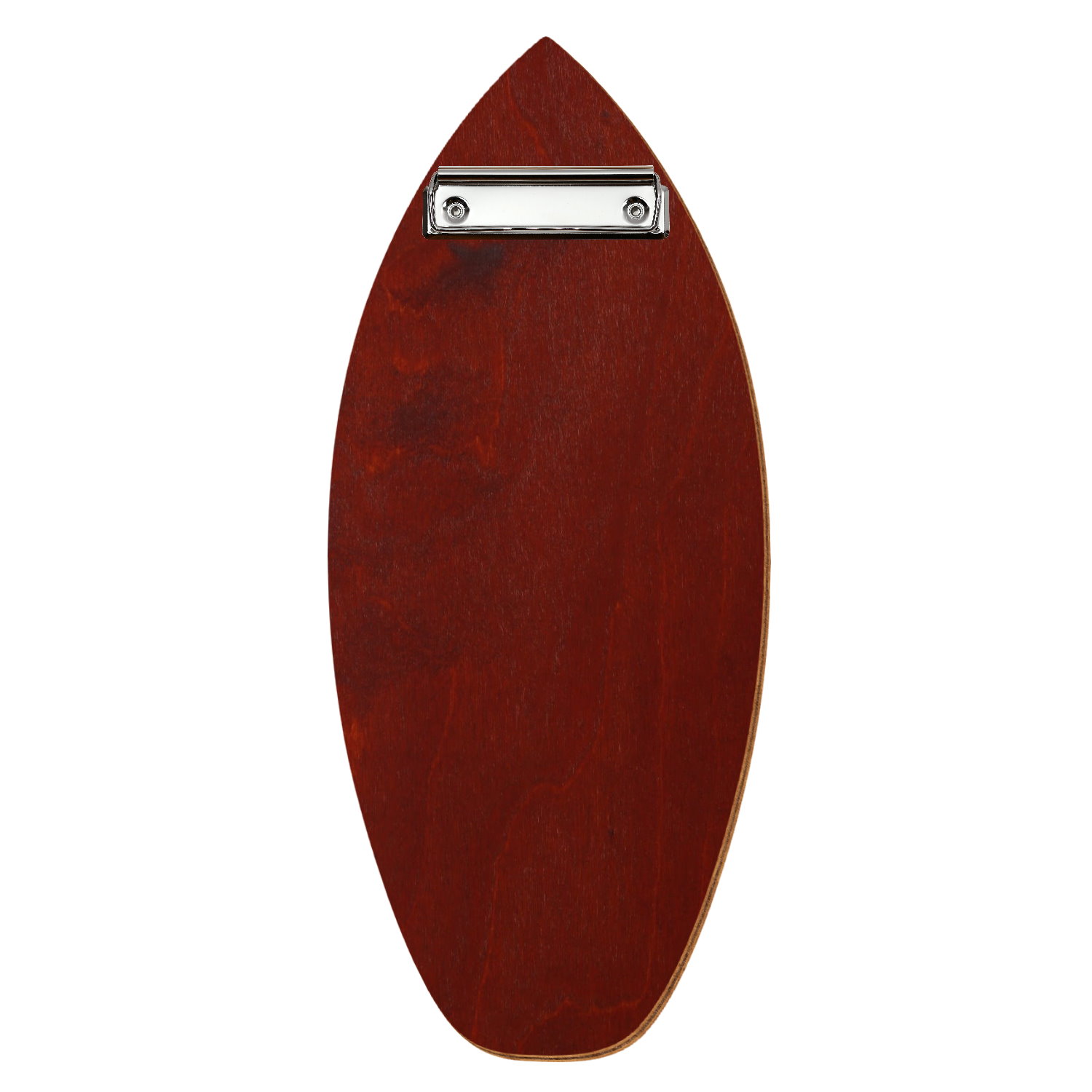 Holz Klemmbrett in Surfbrettform für Getränkekarte 110 x 300 mm, Kirschbaum dunkel, Birkensperrholz, Bügelklemme silber