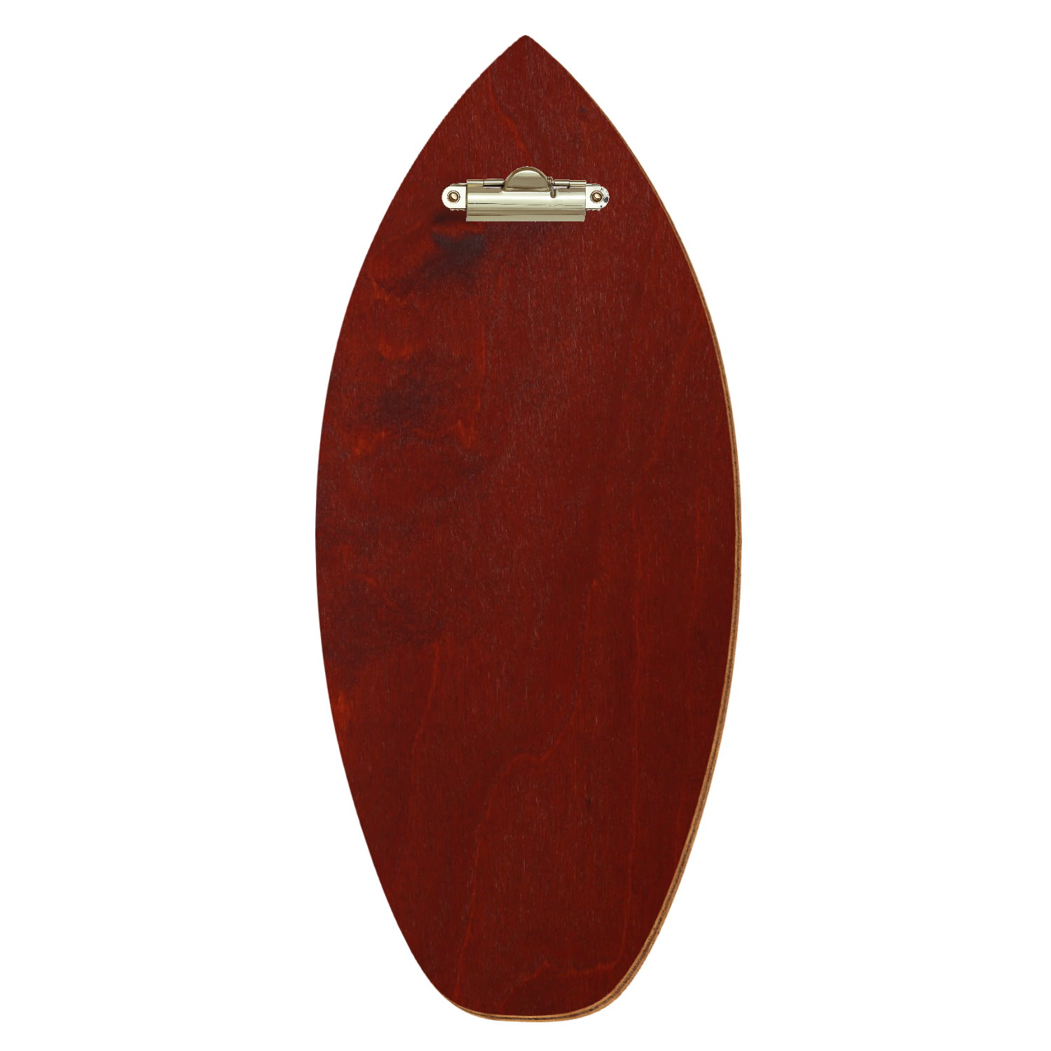 Holz Klemmbrett in Surfbrettform für Getränkekarte 110 x 300 mm, Kirschbaum dunkel, Birkensperrholz, Zahnklemme gold