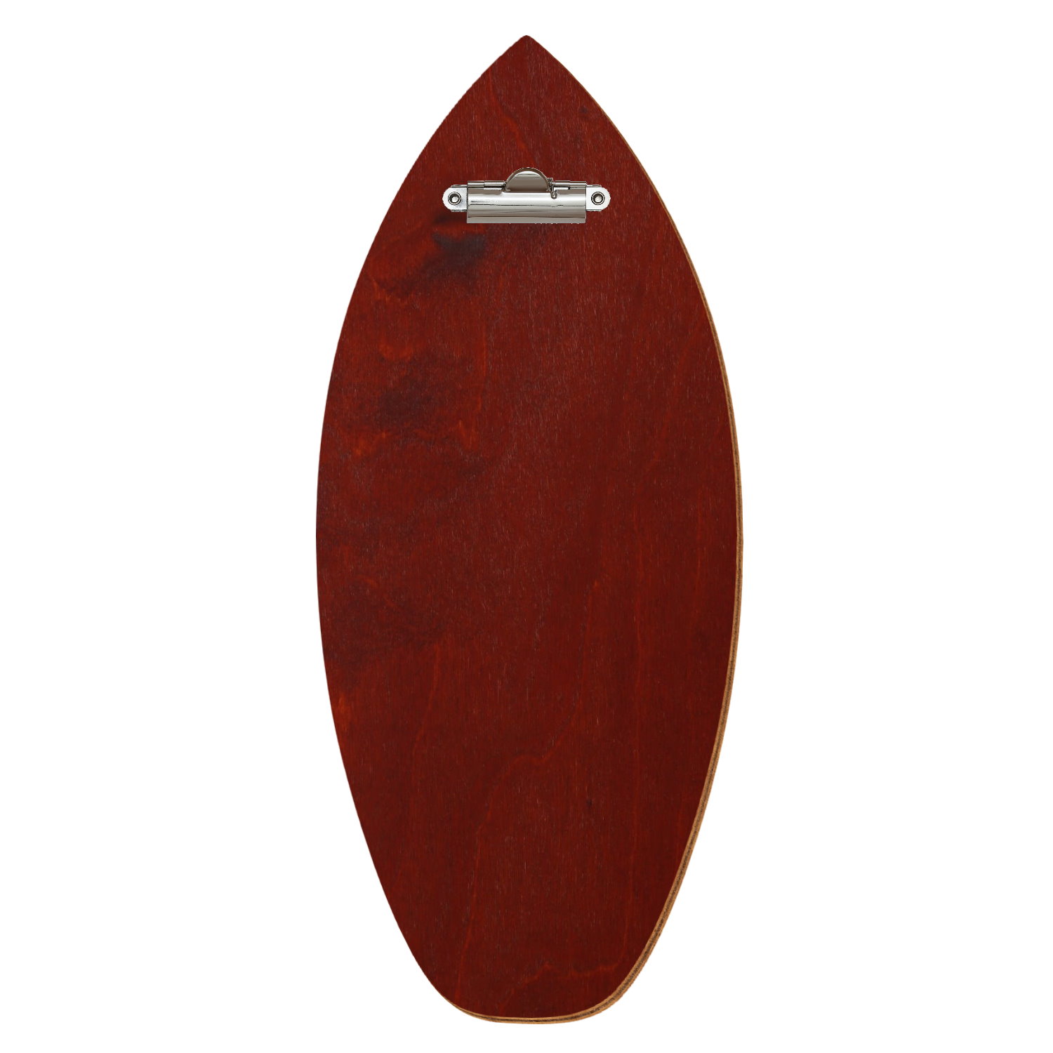 Holz Klemmbrett in Surfbrettform für Getränkekarte 110 x 300 mm, Kirschbaum dunkel, Birkensperrholz, Zahnklemme silber