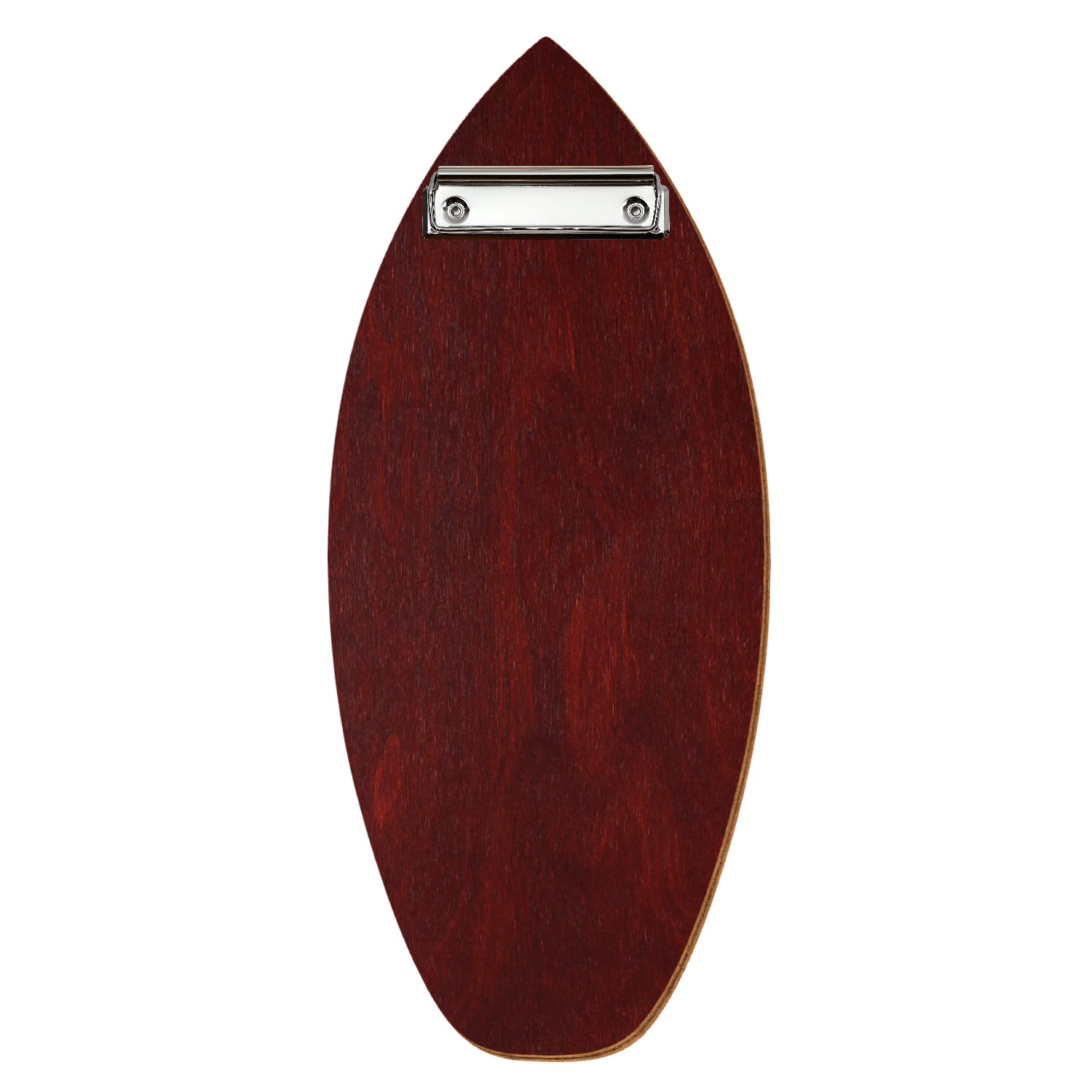 Holz Klemmbrett in Surfbrettform für Getränkekarte 110 x 300 mm, Mahagoni, Birkensperrholz, Bügelklemme silber