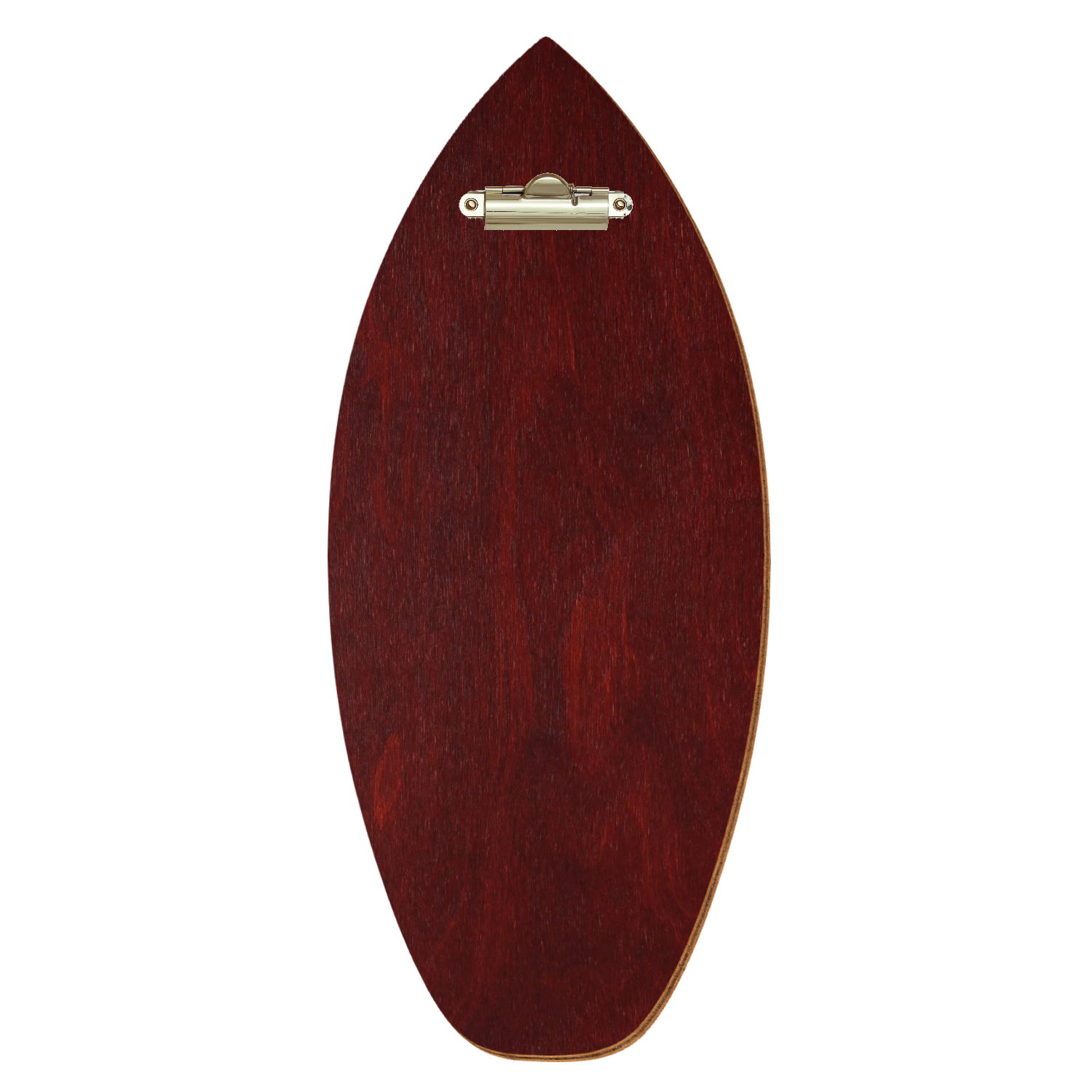 Holz Klemmbrett in Surfbrettform für Getränkekarte 110 x 300 mm, Mahagoni, Birkensperrholz, Zahnklemme gold