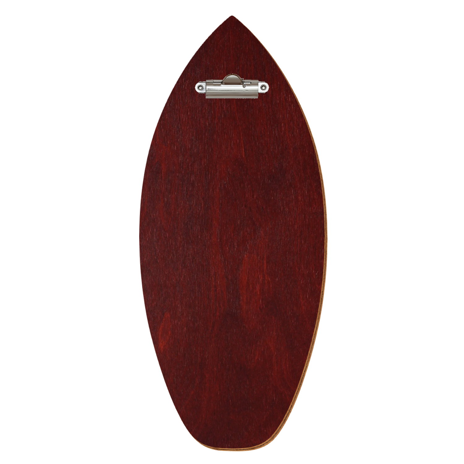 Holz Klemmbrett in Surfbrettform für Getränkekarte 110 x 300 mm, Mahagoni, Birkensperrholz, Zahnklemme silber