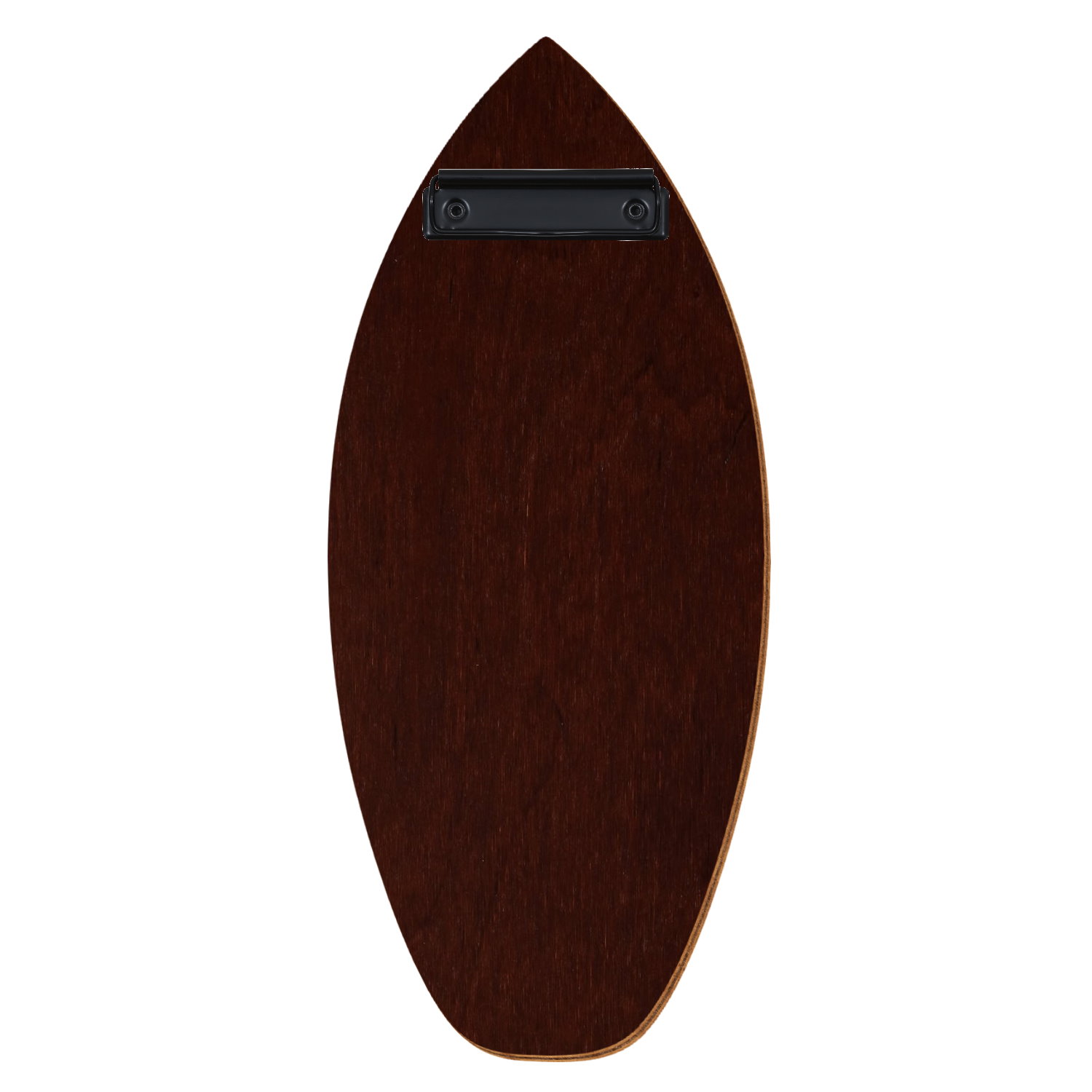 Holz Klemmbrett in Surfbrettform für Getränkekarte 110 x 300 mm, Nussbaum dunkel, Birkensperrholz, Bügelklemme schwarz