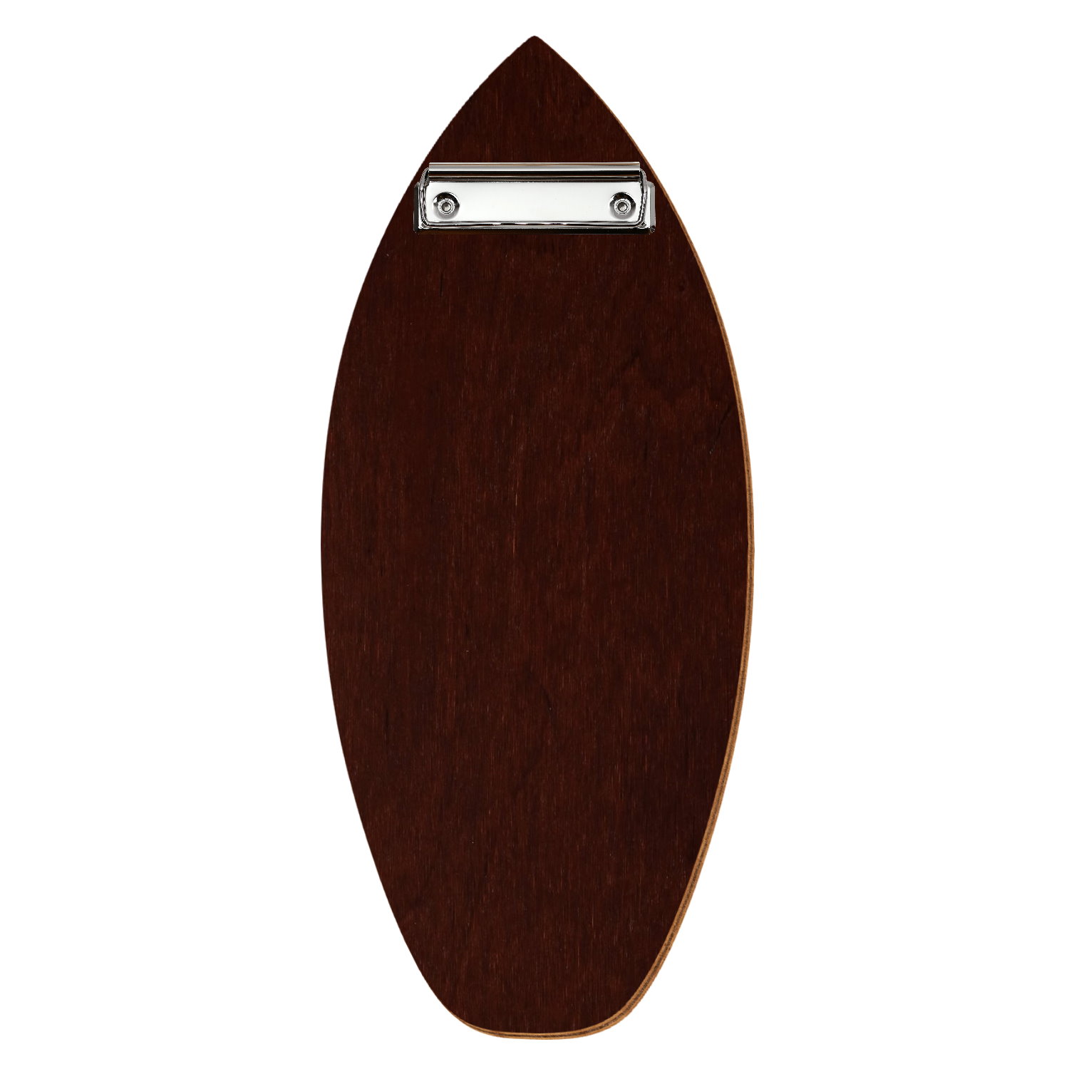 Holz Klemmbrett in Surfbrettform für Getränkekarte 110 x 300 mm, Nussbaum dunkel, Birkensperrholz, Bügelklemme silber
