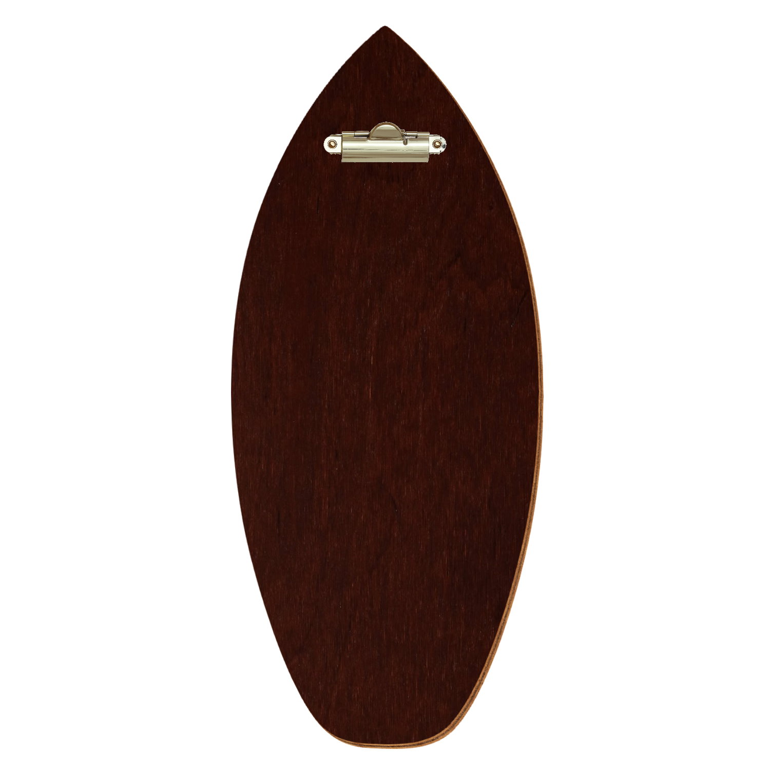 Holz Klemmbrett in Surfbrettform für Getränkekarte 110 x 300 mm, Nussbaum dunkel, Birkensperrholz, Zahnklemme gold