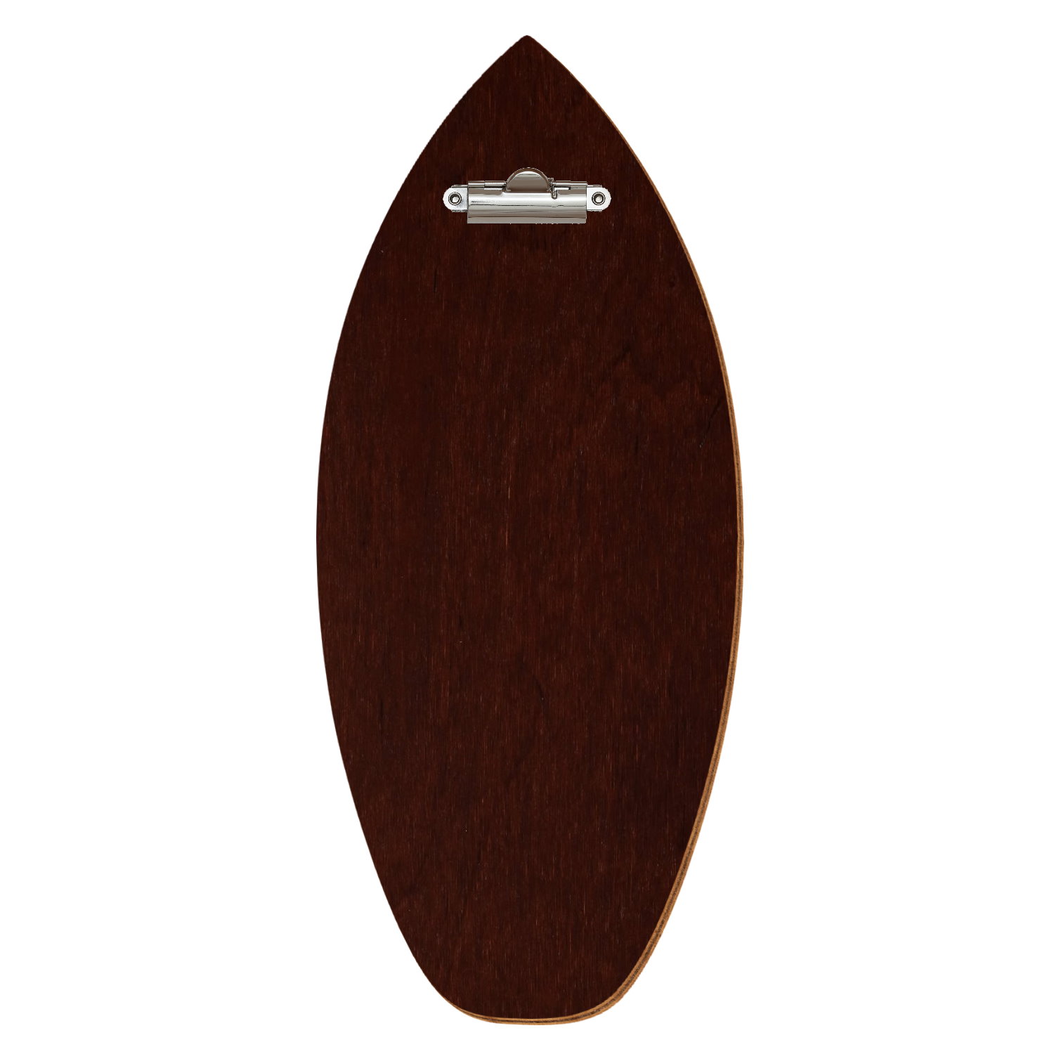 Holz Klemmbrett in Surfbrettform für Getränkekarte 110 x 300 mm, Nussbaum dunkel, Birkensperrholz, Zahnklemme silber