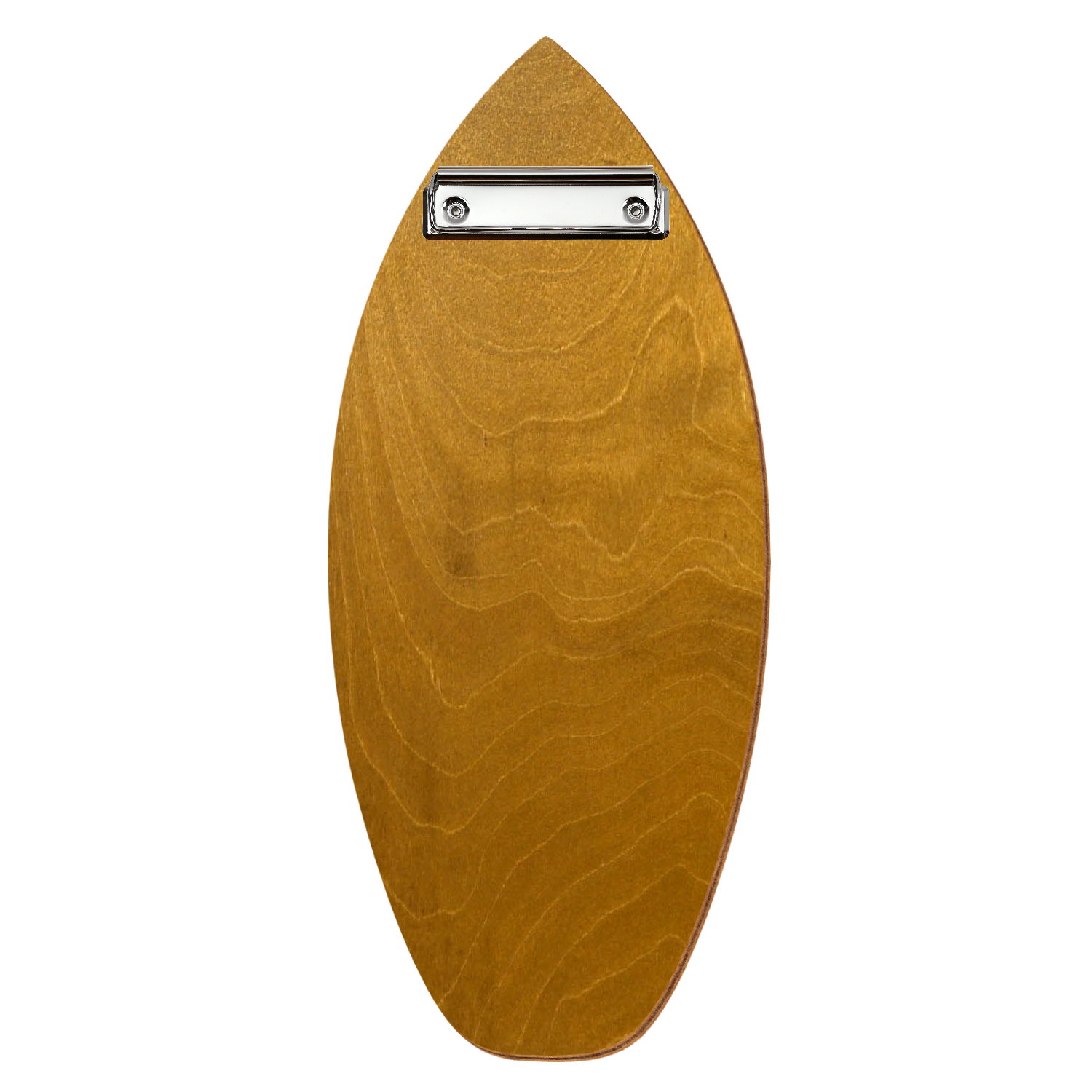 Holz Klemmbrett in Surfbrettform für Getränkekarte 110 x 300 mm, Nussbaum hell, Birkensperrholz, Bügelklemme silber