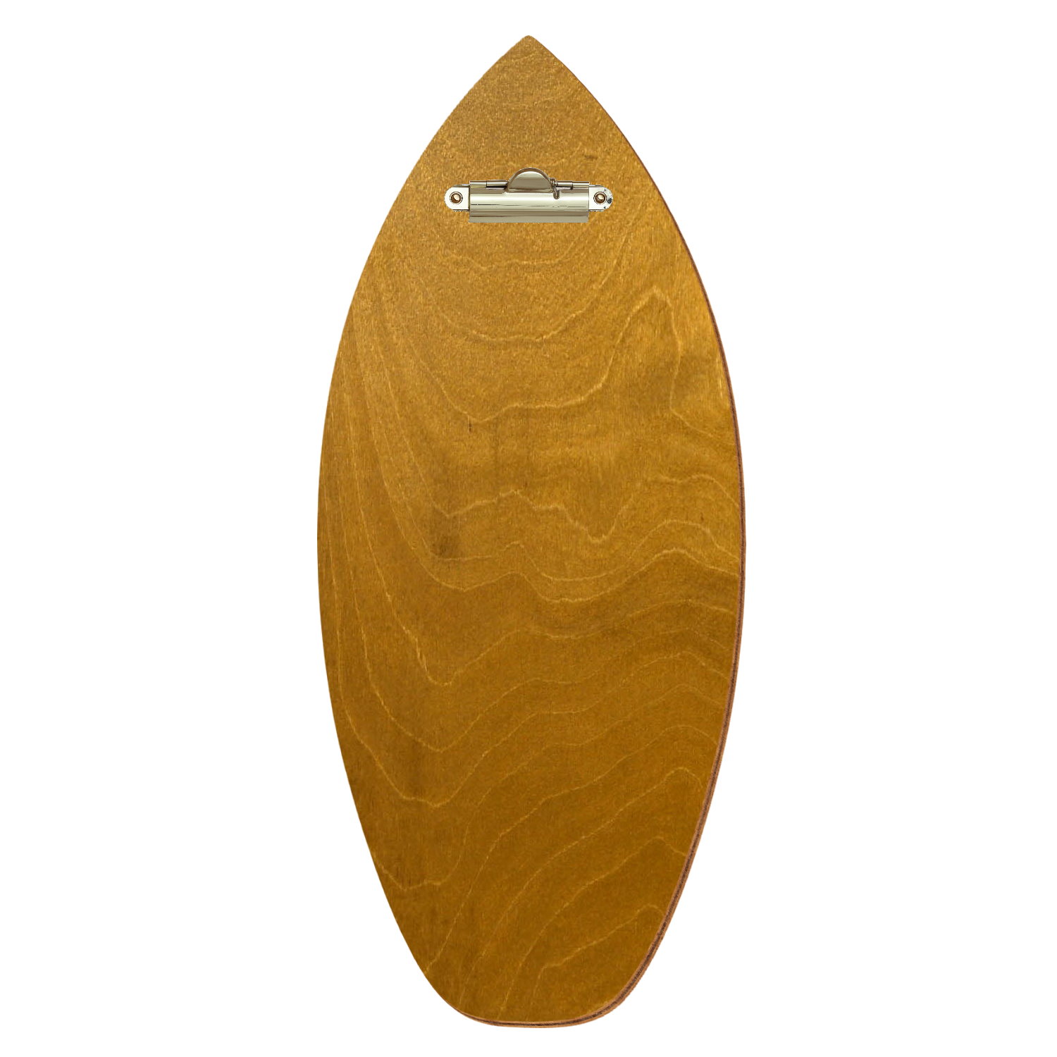 Holz Klemmbrett in Surfbrettform für Getränkekarte 110 x 300 mm, Nussbaum hell, Birkensperrholz, Zahnklemme gold