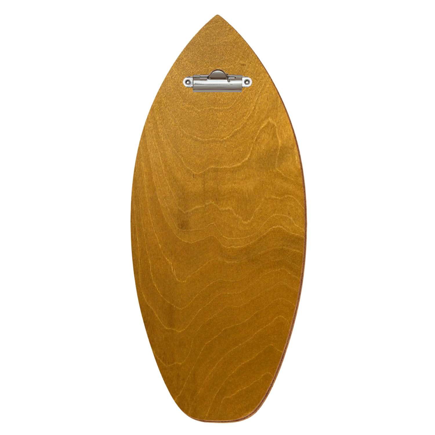 Holz Klemmbrett in Surfbrettform für Getränkekarte 110 x 300 mm, Nussbaum hell, Birkensperrholz, Zahnklemme silber
