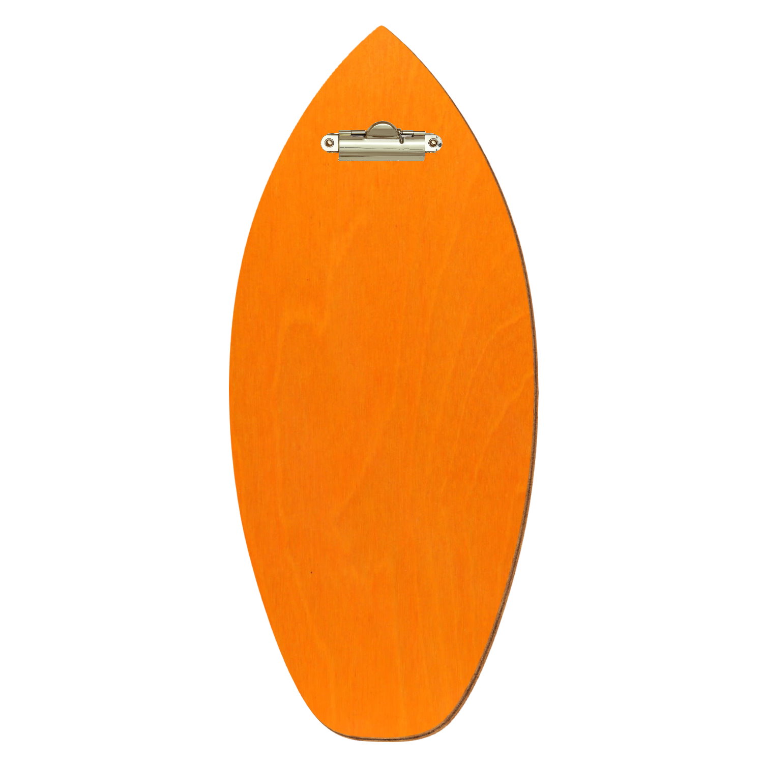 Holz Klemmbrett in Surfbrettform für Getränkekarte 110 x 300 mm, Orange, Birkensperrholz, Zahnklemme gold