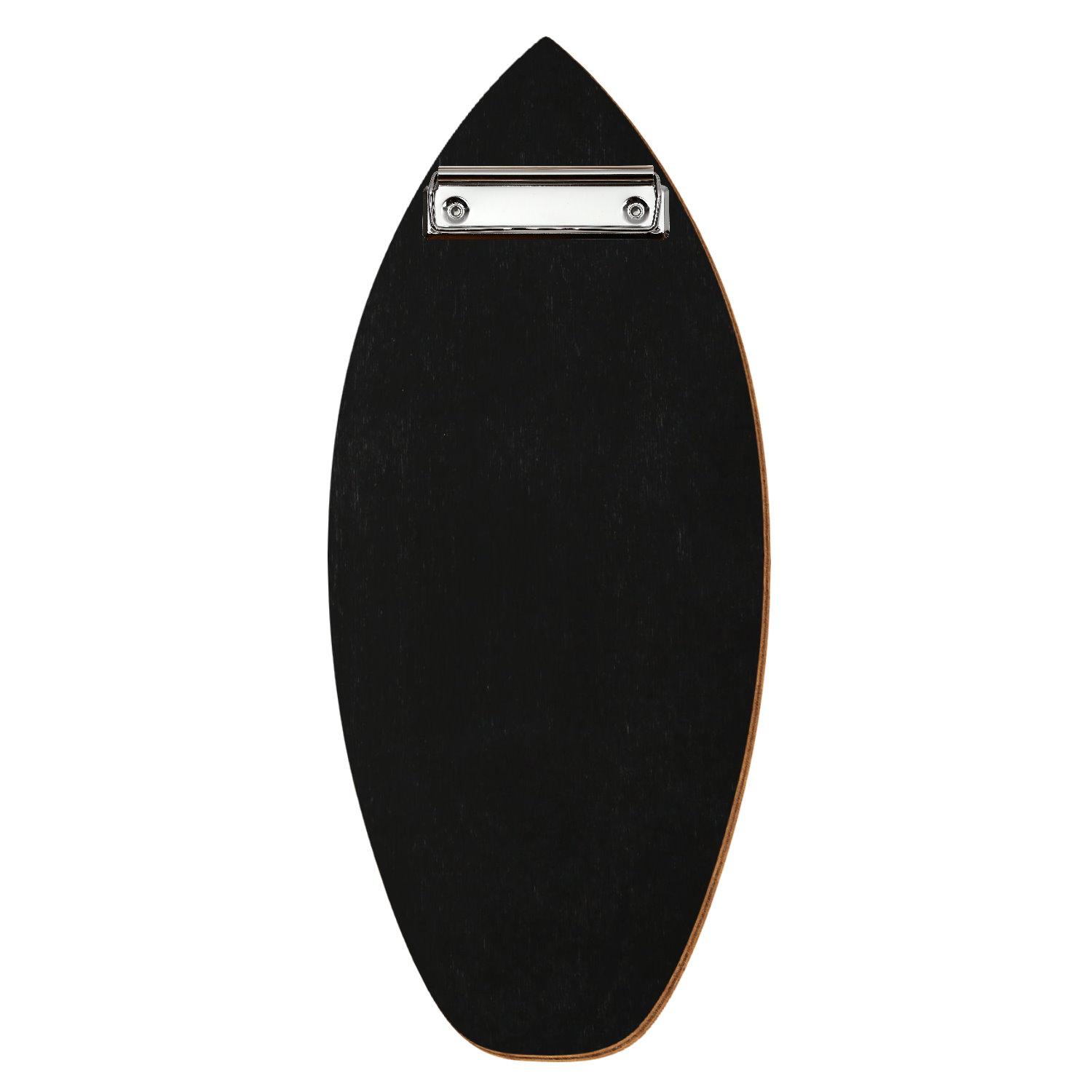 Holz Klemmbrett in Surfbrettform für Getränkekarte 110 x 300 mm, Schwarz, Birkensperrholz, Bügelklemme silber