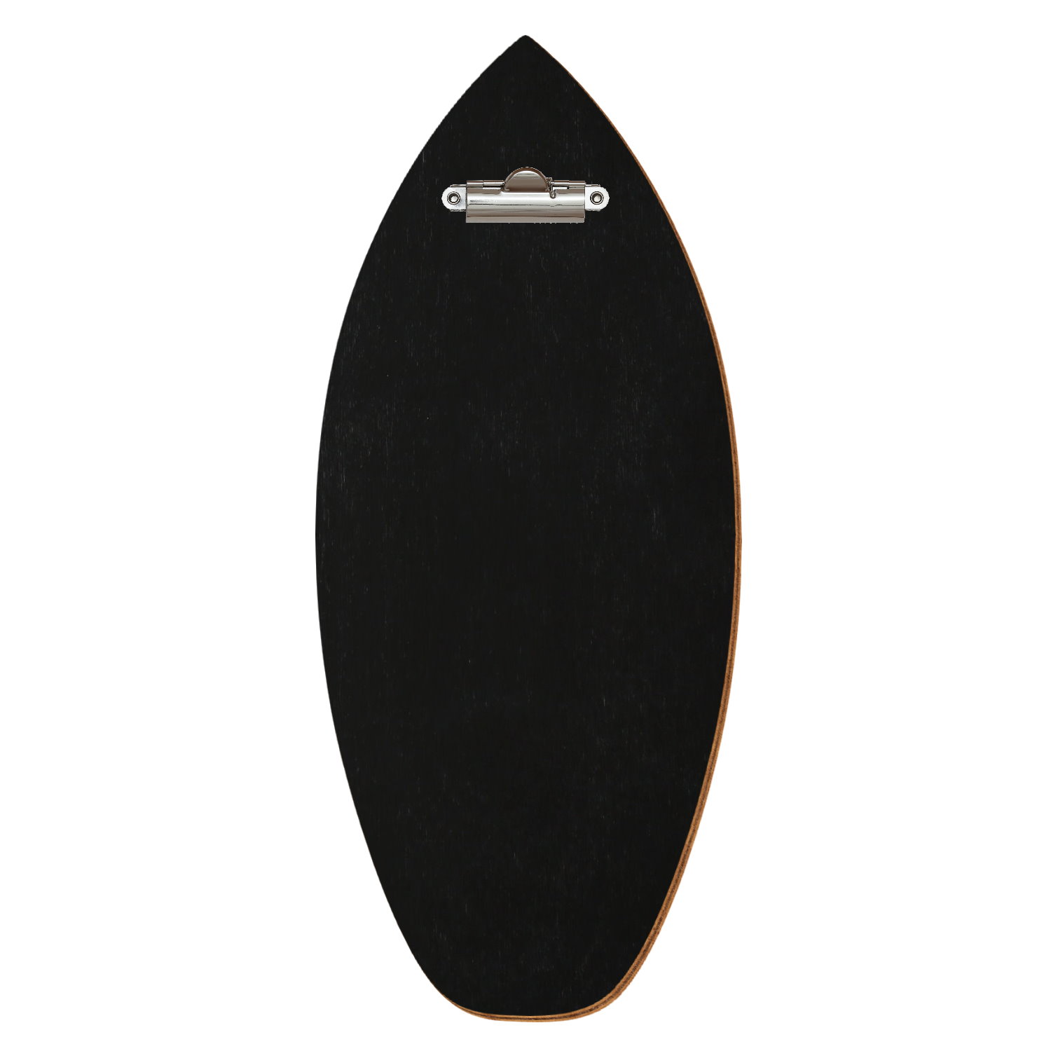 Holz Klemmbrett in Surfbrettform für Getränkekarte 110 x 300 mm, Schwarz, Birkensperrholz, Zahnklemme silber