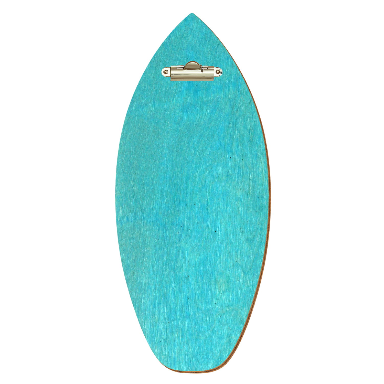 Holz Klemmbrett in Surfbrettform für Getränkekarte 110 x 300 mm, Türkis, Birkensperrholz, Zahnklemme gold