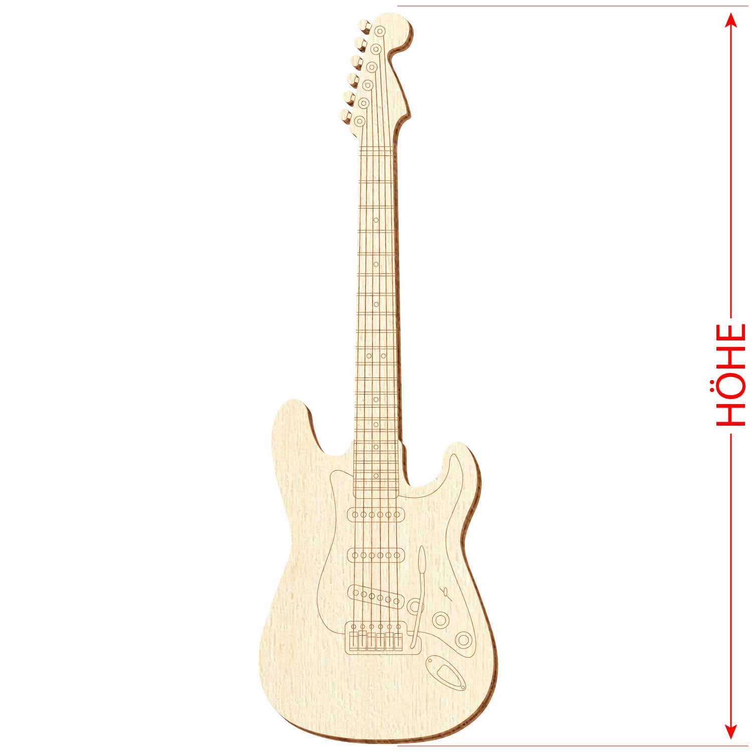 E-Gitarre V2 aus Sperrholz mit Konturanschnitt mit Maßpfeilen für das Höhenmaß