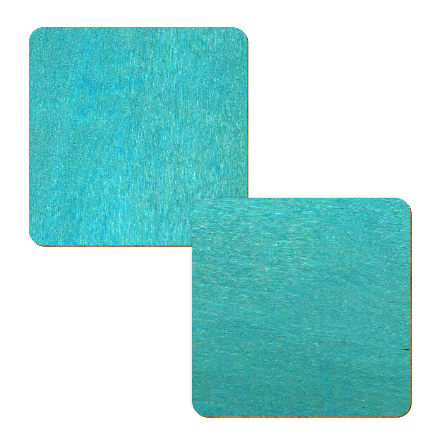 zwei Holzquadrate in der Farbe Türkis