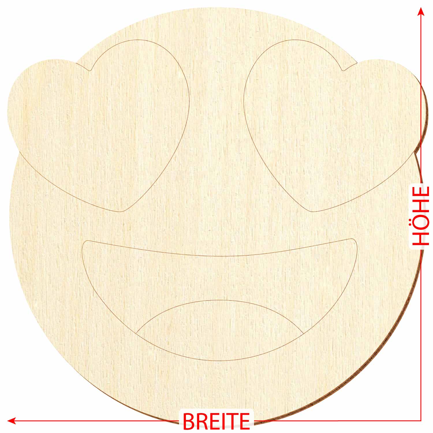 Holz Gesicht Lovely Laura mit Herzaugen aus Sperrholz mit Konturanschnitt mit Maßpfeilen für Höhe und Breite
