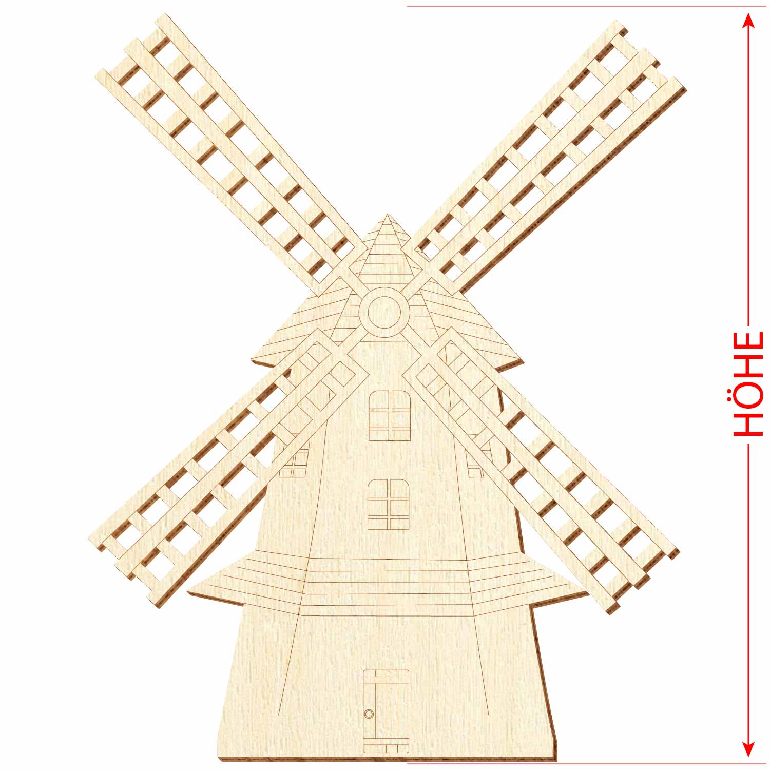 Windmühle aus Sperrholz mit Konturanschnitt mit Maßpfeilen für das Höhenmaß
