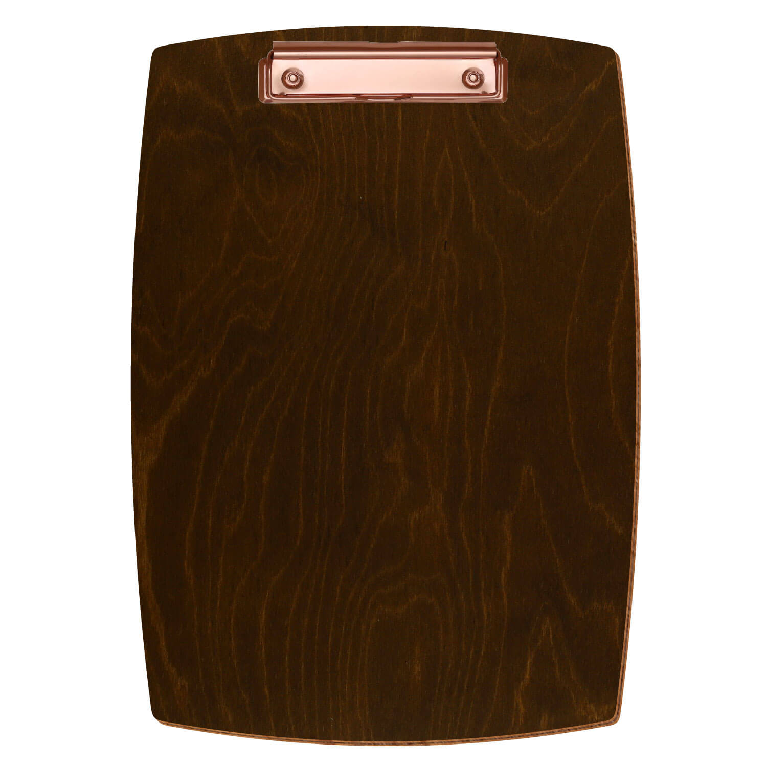 Bütic Holz-Klemmbrett konvex -Farbe Eiche dunkel- A4 hochkant mit roségoldener Bügelklemme
