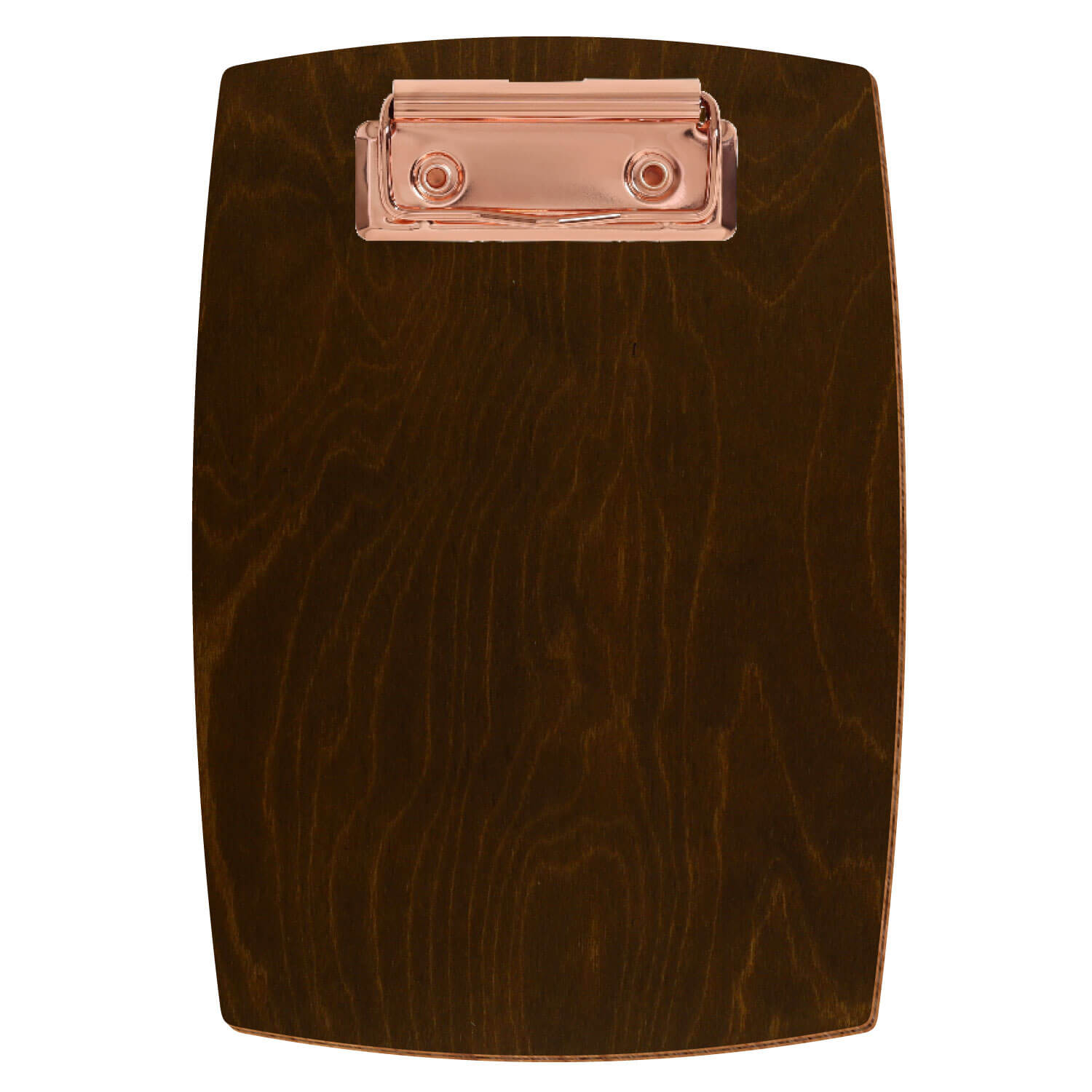 Bütic Holz-Klemmbrett konvex -Farbe Eiche dunkel- A6 hochkant mit roségoldener Bügelklemme