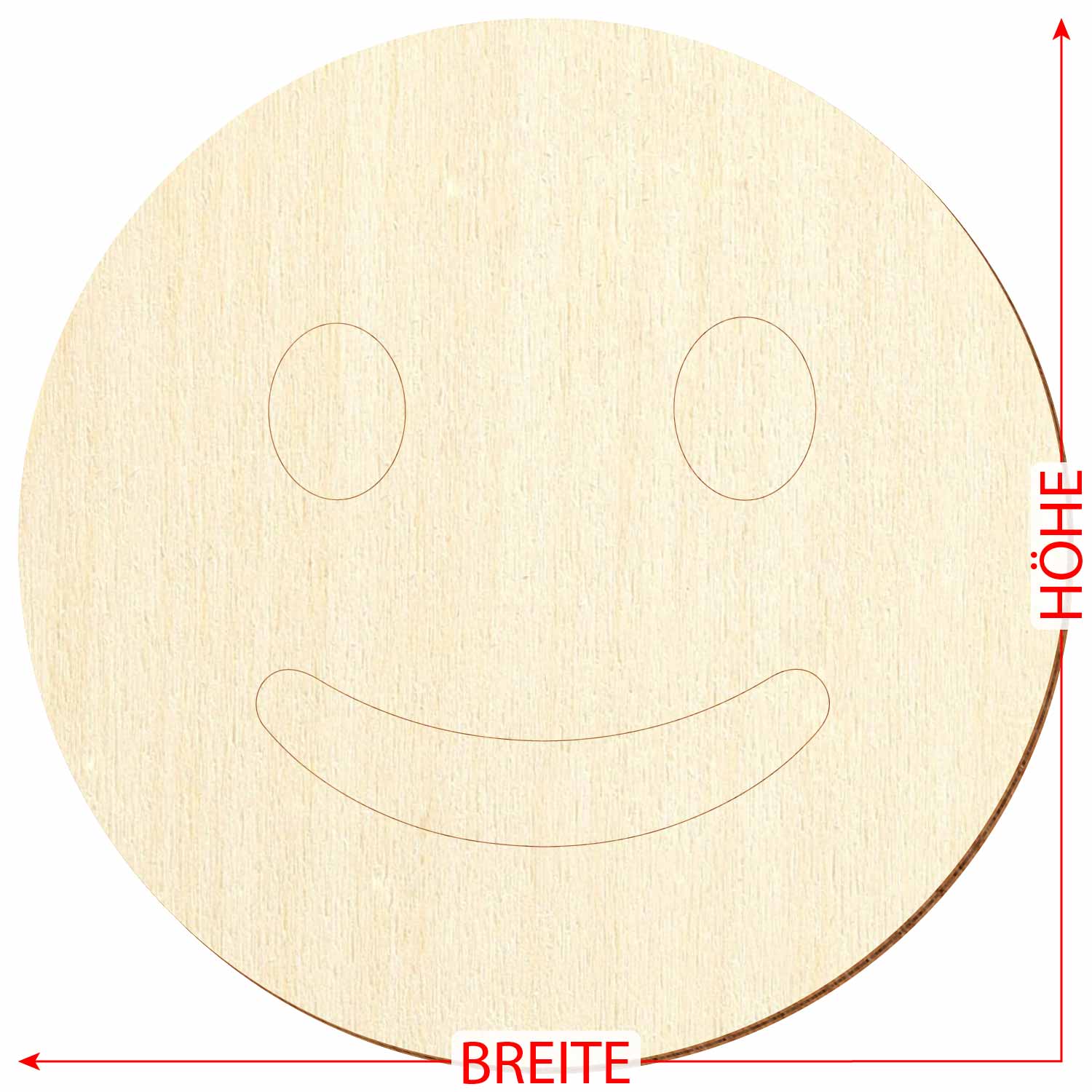 lächelndes Holz Gesicht aus Sperrholz mit Konturanschnitt sowie Maßpfeilen für Höhe und Breite