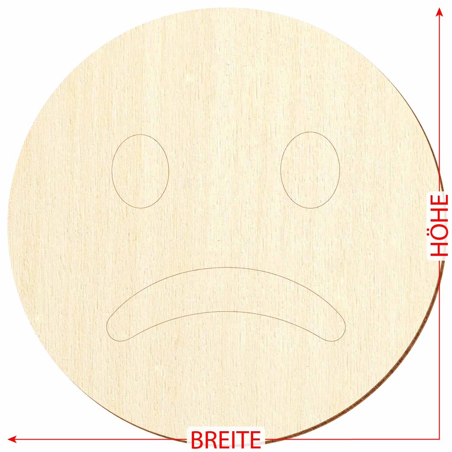 trauriges Holz Gesicht aus Sperrholz mit Konturanschnitt sowie Maßpfeilen für Höhe und Breite