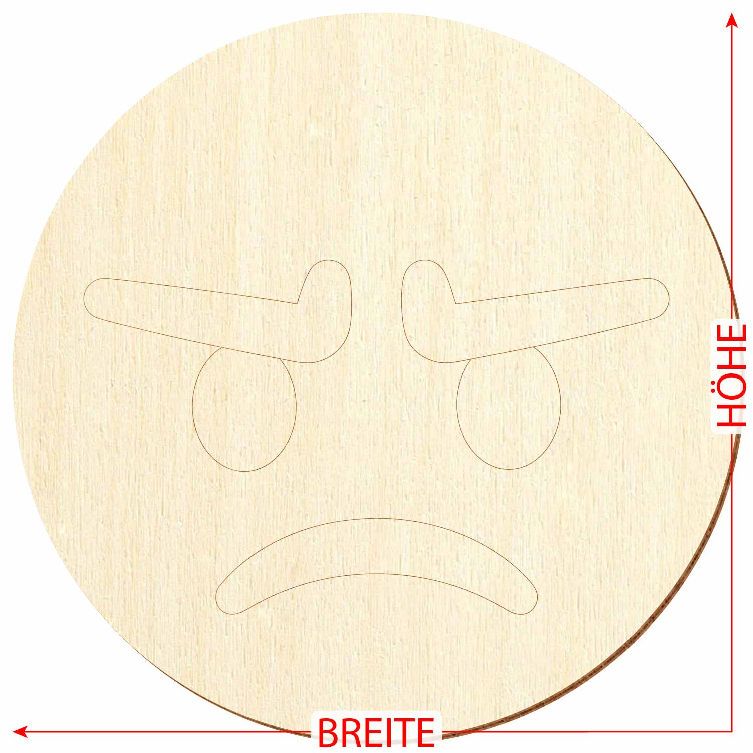wütendes Holz Gesicht aus Sperrholz mit Konturanschnitt sowie Maßpfeilen für Höhe und Breite