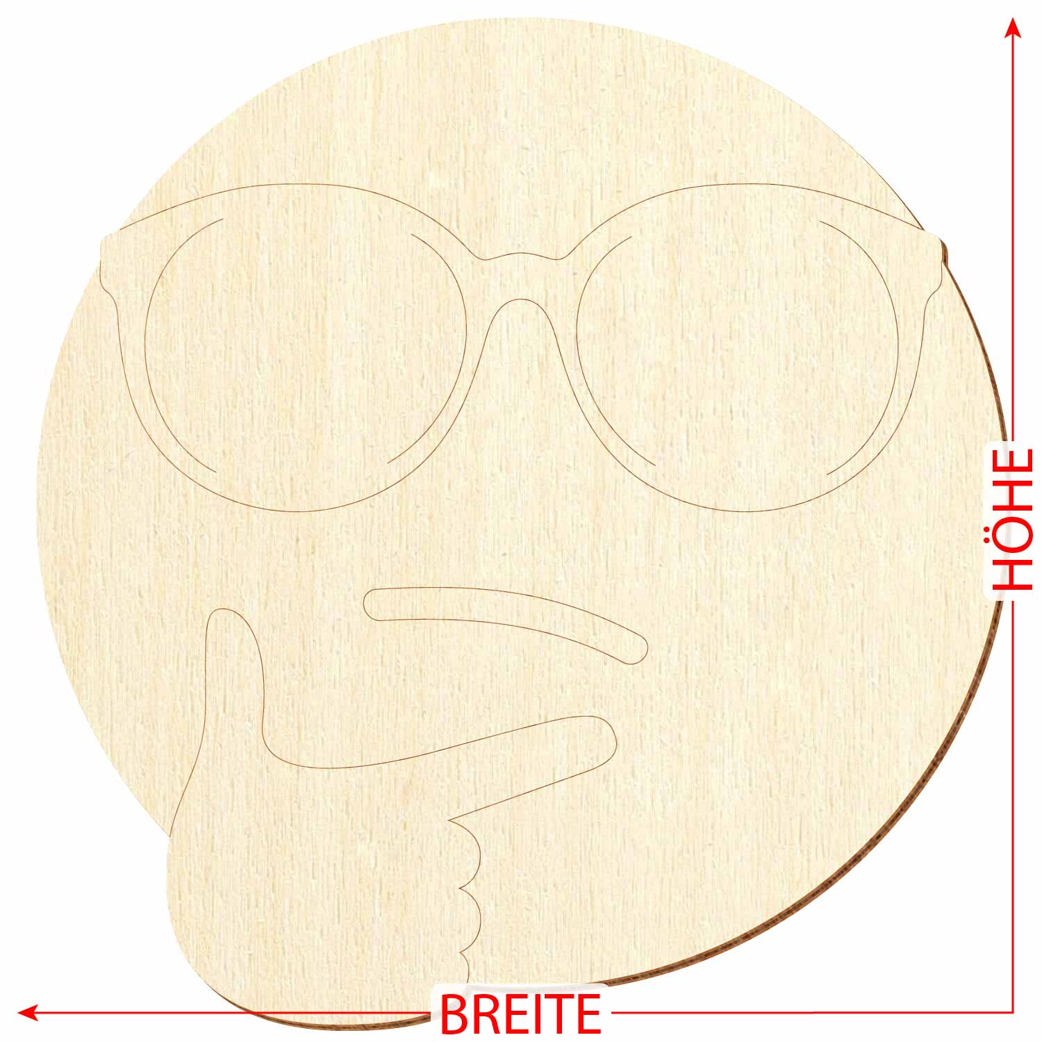 nachdenkendes Holz Gesicht mit Sonnenbrille aus Sperrholz mit Konturanschnitt sowie Maßpfeilen für Höhe und Breite