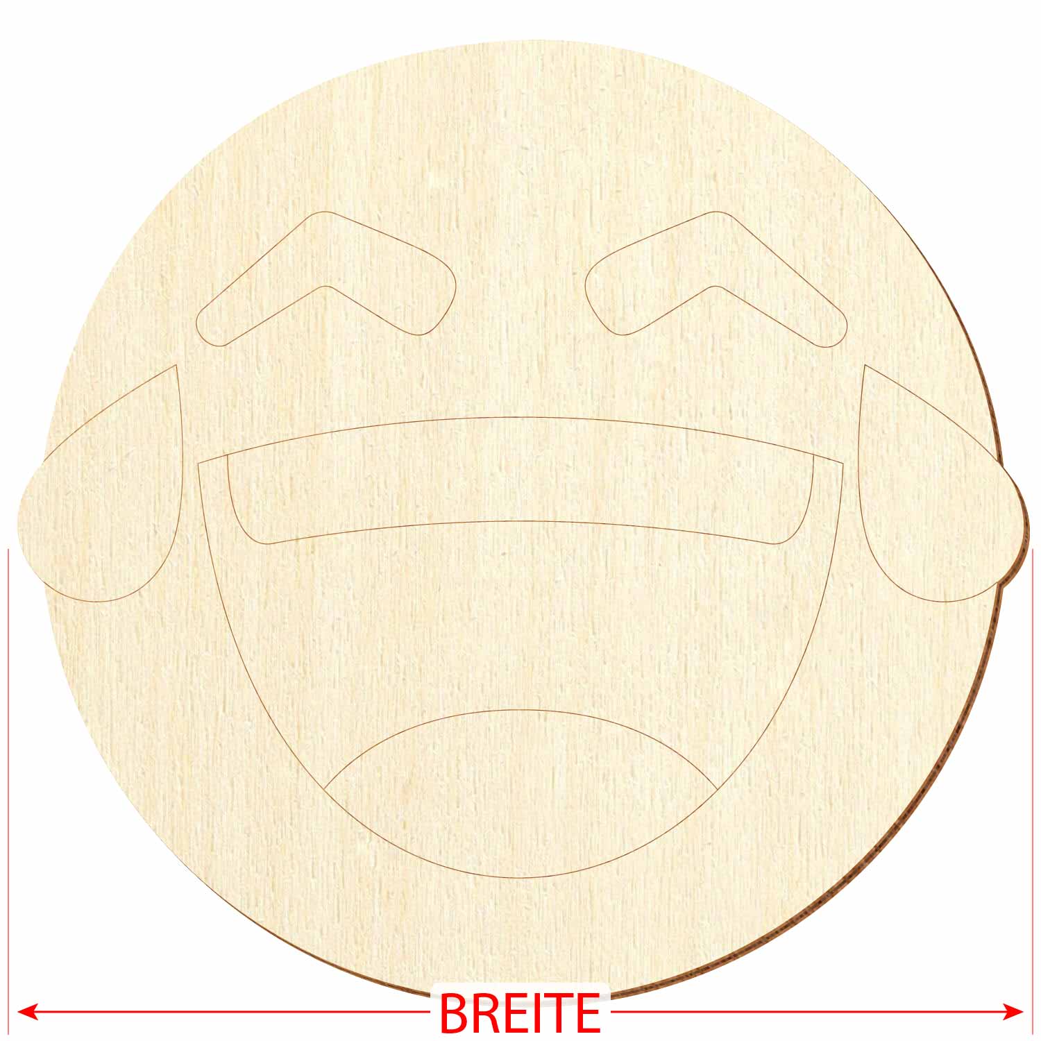 tränenlachendes Holz Gesicht aus Sperrholz mit Konturanschnitt sowie Maßpfeilen für die Breite